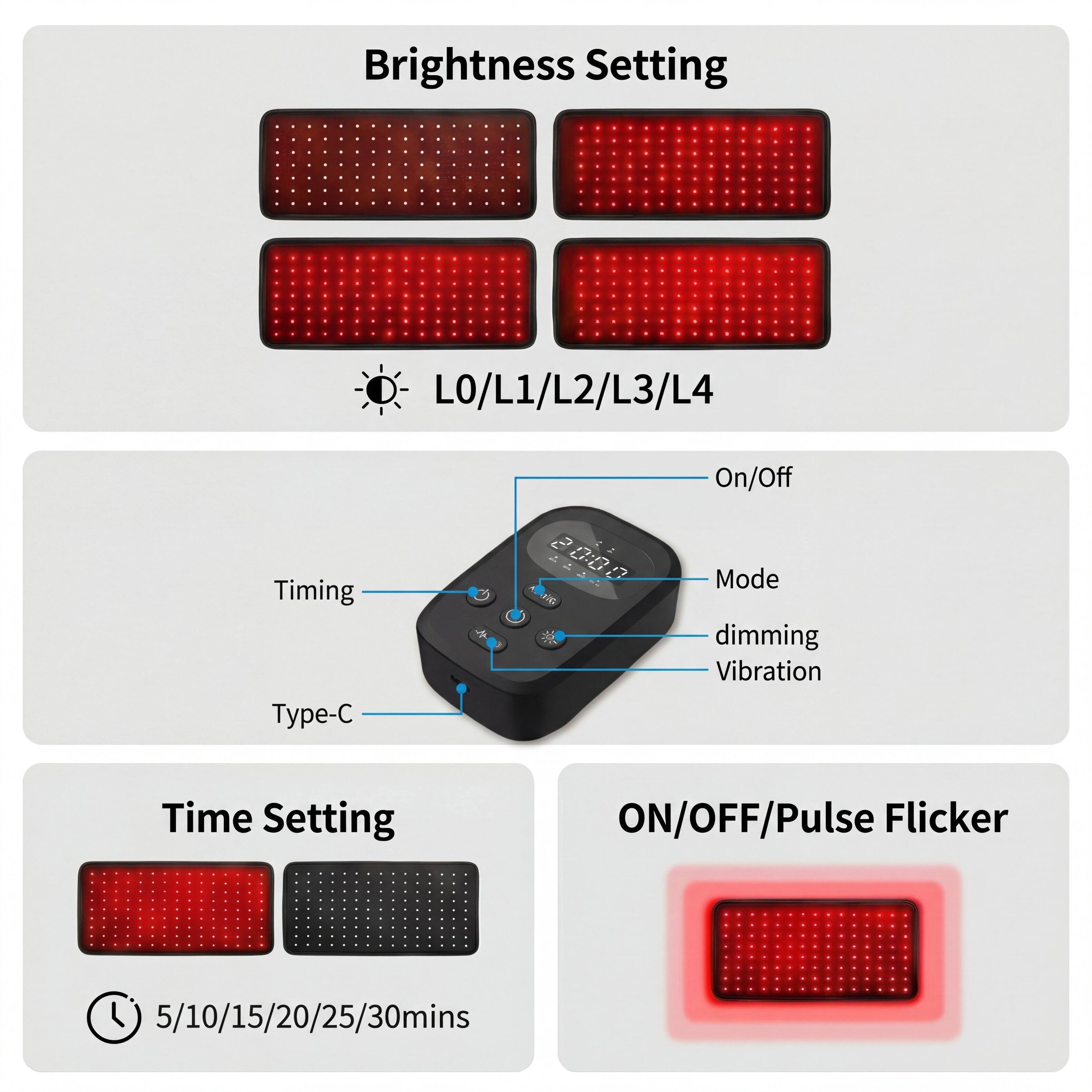 Brightness Setting: LO/L1/L2/L3/L4  
On/Off  
Timing Type- 2 J Z = 0:0  
Mode: dimming  
Vibration  
Time Setting: 5/10/15/20/25/30mins  
ON/OFF/Pulse Flicker