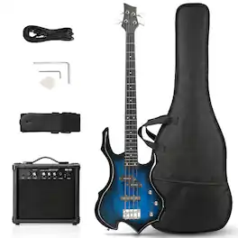 Winado - Electric Bass Guitar Full Size Flame Design Bass Guitar Kit,Full Equipment with 20 Watt Amplifier, Portable Bass Ba - Blue