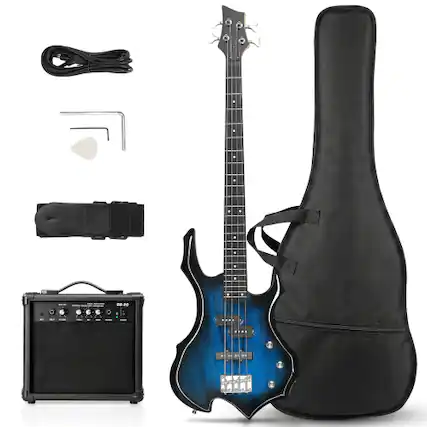 Front. Winado - Electric Bass Guitar Full Size Flame Design Bass Guitar Kit,Full Equipment with 20 Watt Amplifier, Portable Bass Ba - Blue.