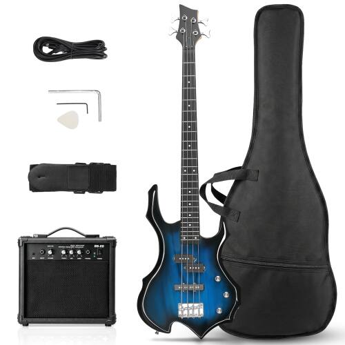 Front. Winado - Electric Bass Guitar Full Size Flame Design Bass Guitar Kit，Full Equipment with 20 Watt Amplifier, Portable Bass Ba - Blue.