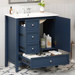 Whisen - 30" Bathroom Vanity with Ceramic Sink Combo 3-Drawer 1-Cabinet Freestanding Storage Cabinet - Blue