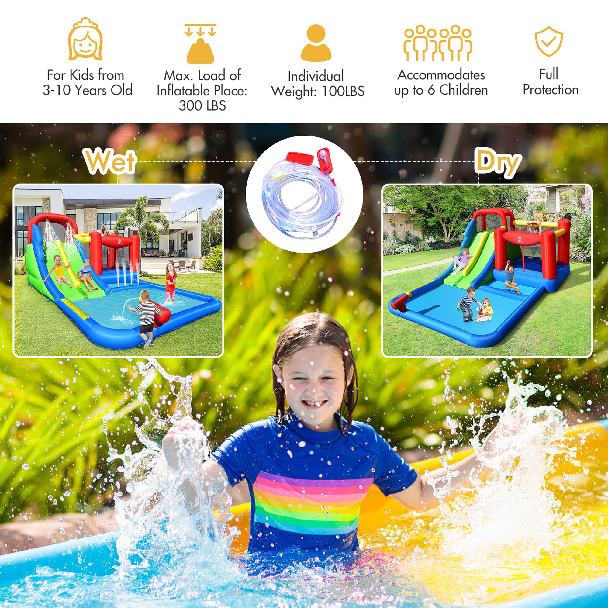 For Kids from 3-10 Years Old  
Max. Load of Inflatable Place: 300 LBS  
Individual Weight: 100 LBS  
Accommodates up to 6 Children  
Full Protection  

Wet  
Dry