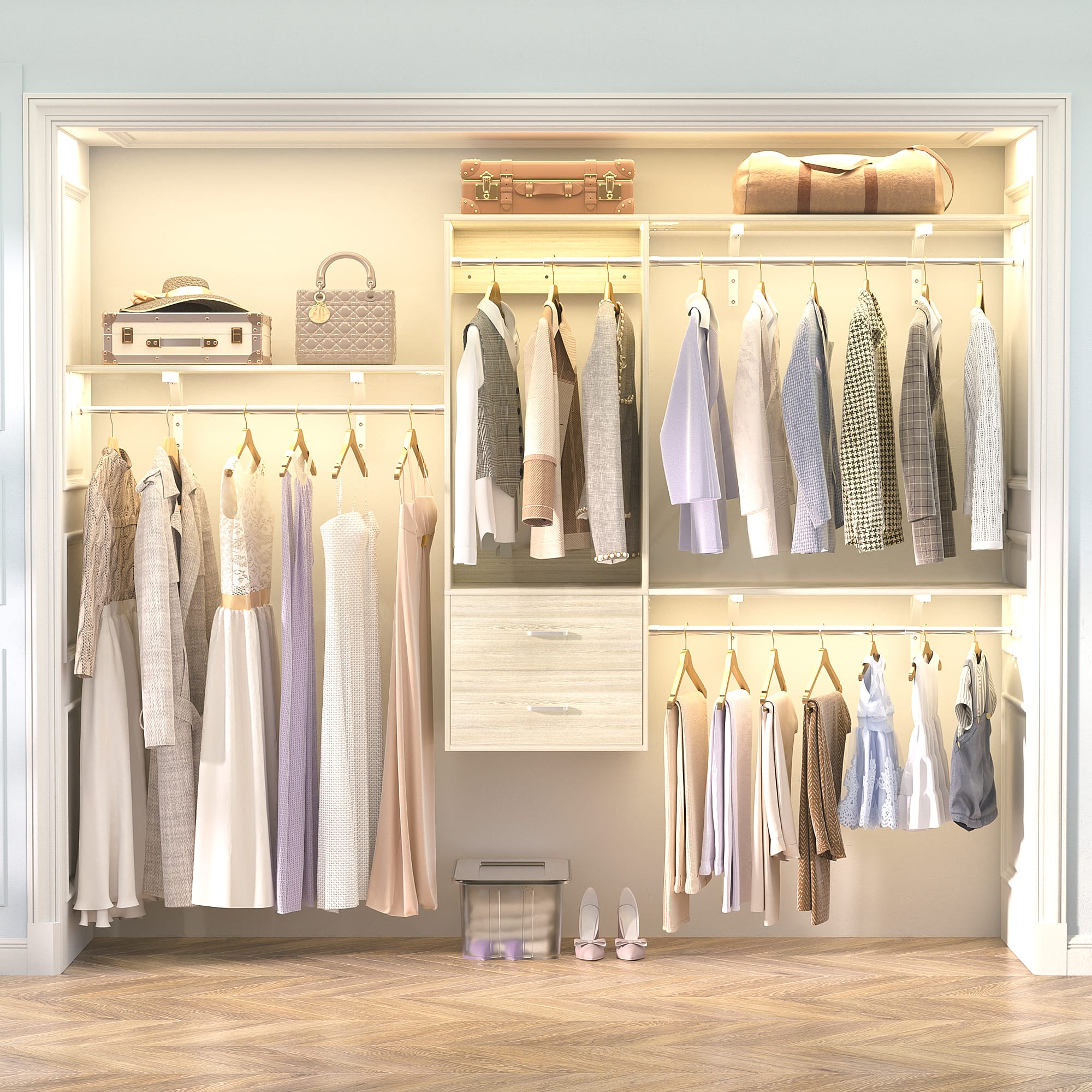 Aheaplus - 20'' - 96'' Wall Mounted Closet Organizer System with 3 Shelf Towers, 3 Hanging Rods and 2 Drawers - Beige Oak price history on PriceWatchPro