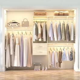 Aheaplus - 20'' - 96'' Wall Mounted Closet Organizer System with 3 Shelf Towers, 3 Hanging Rods and 2 Drawers - Beige Oak