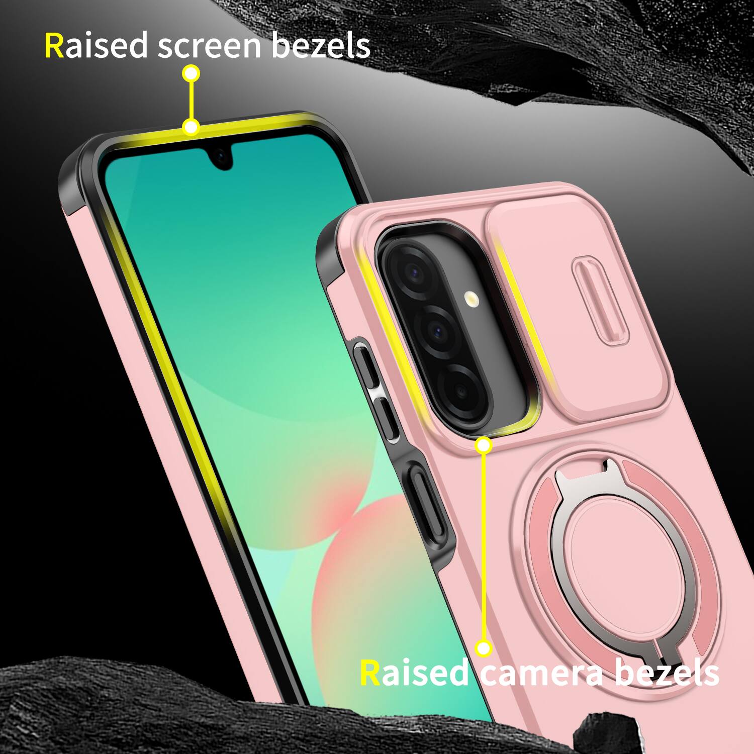 Raised screen bezels  
Raised camera bezels