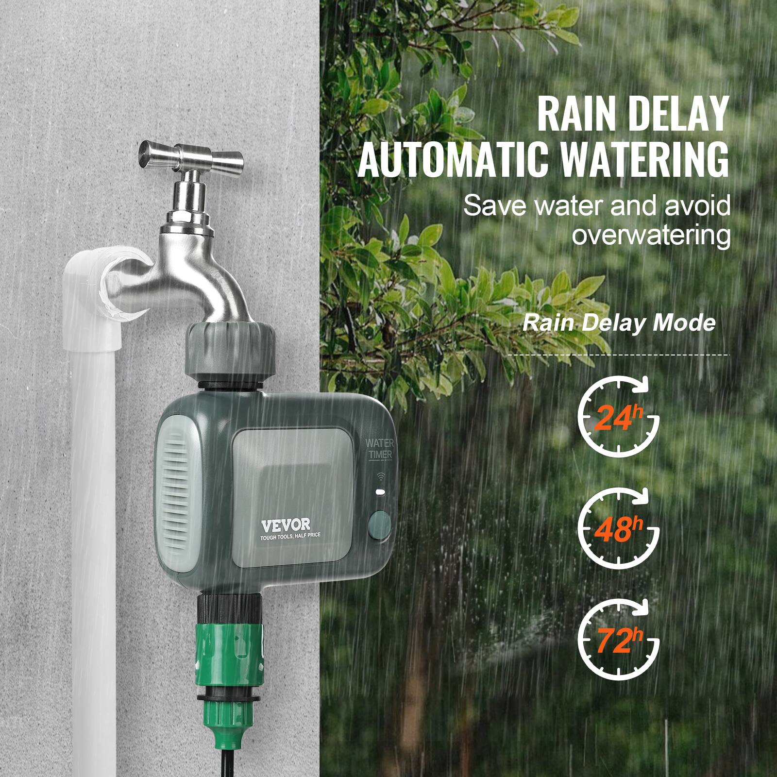 RAIN DELAY AUTOMATIC WATERING  
Save water and avoid overwatering  

Rain-Delay Mode  

24h  
48h  
72h  

VEVOR  
TOUGH TOOLS HALF PRICE