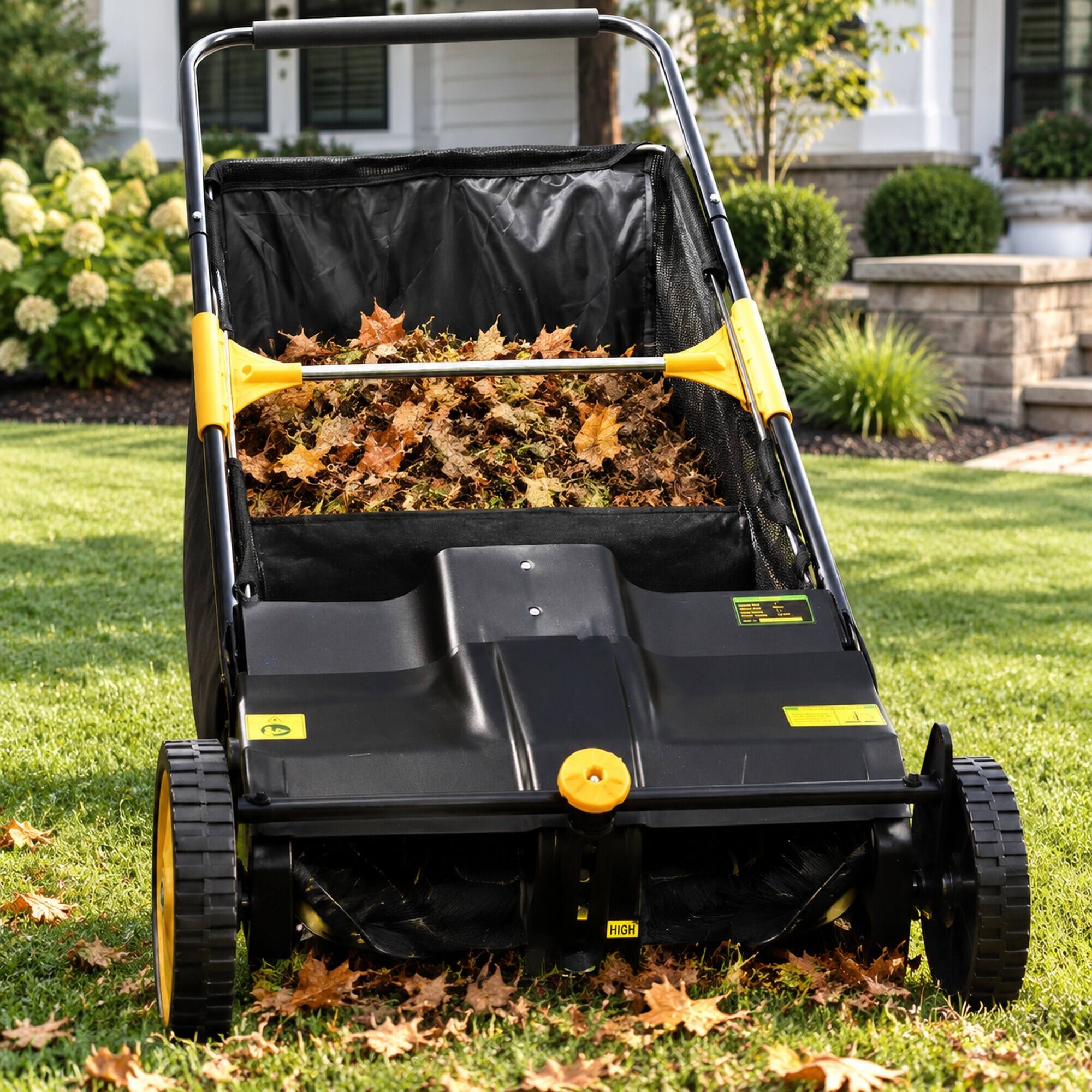 Left. RYHNUYNE - Hand Push Lawn Sweeper, 21 Inch Leaf and Grass Collector, 3.5 cu. - Black.