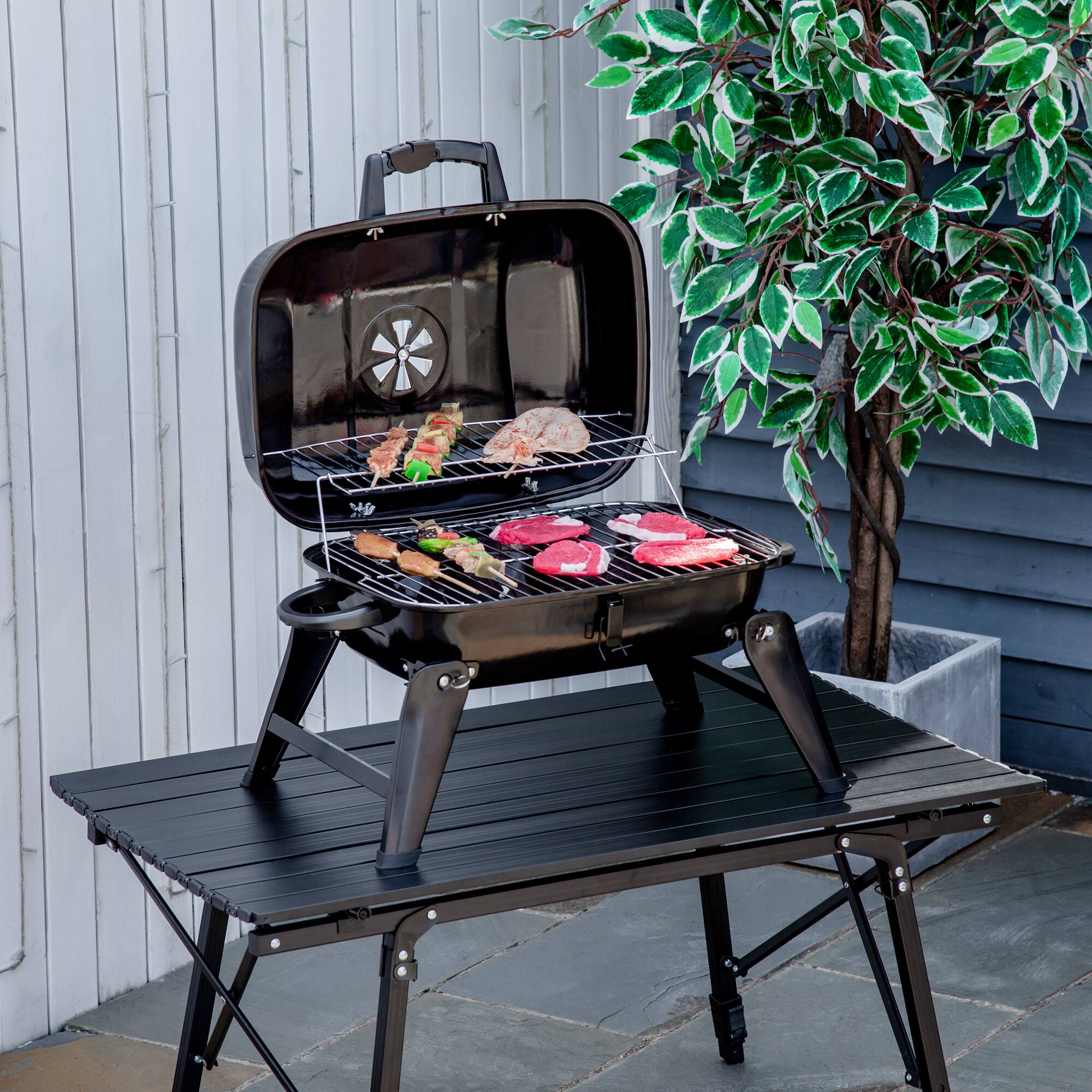 Alt View 1. Outsunny - Portable Grill, Small Charcoal Grill for Outdoor Cooking, BBQ, Camping, Enamel Coated - Black.