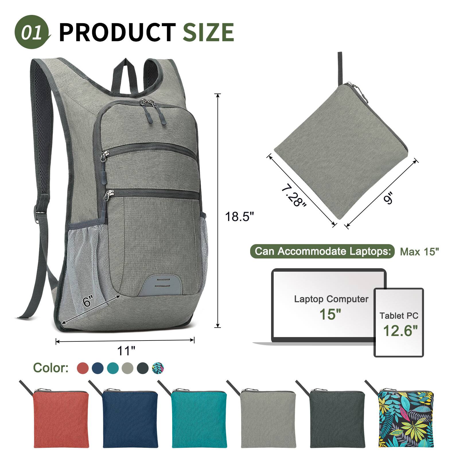 01 PRODUCT SIZE

- Width: 18.5"
- Height: 11"
- Depth: 7.28"
- Can Accommodate Laptops: Max 15"
- Laptop Computer: 15"
- Tablet PC: 12.6"

Color: [Red, Blue, Teal, Gray, Black, Floral Pattern]