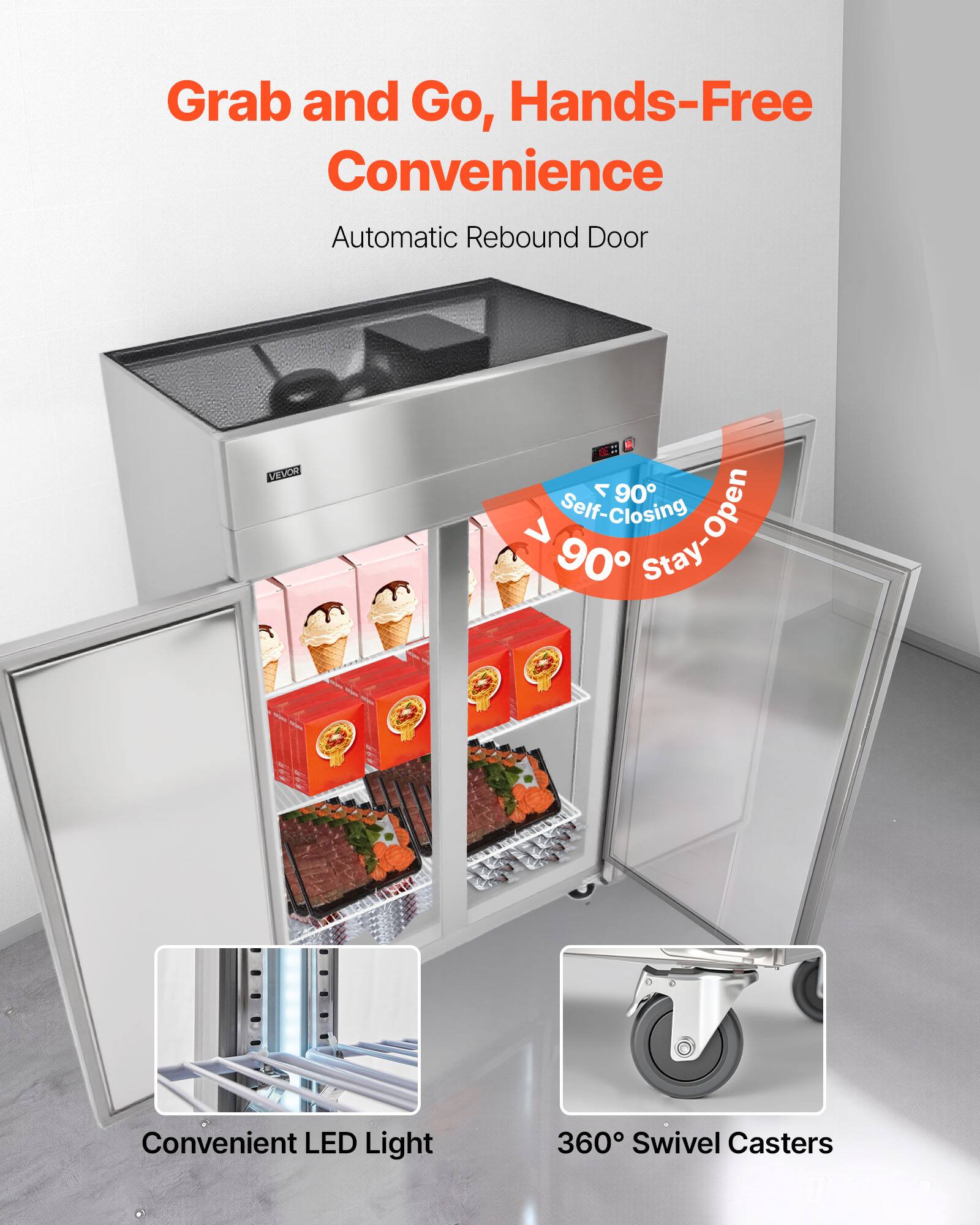 Grab and Go, Hands-Free Convenience  
Automatic Rebound Door  

BELCW S0 7 90 Self-Closing > 90 Stay-Open  

Convenient LED Light  
360° Swivel Casters  

≤ 90° Self-Closing  
90° Stay-Open