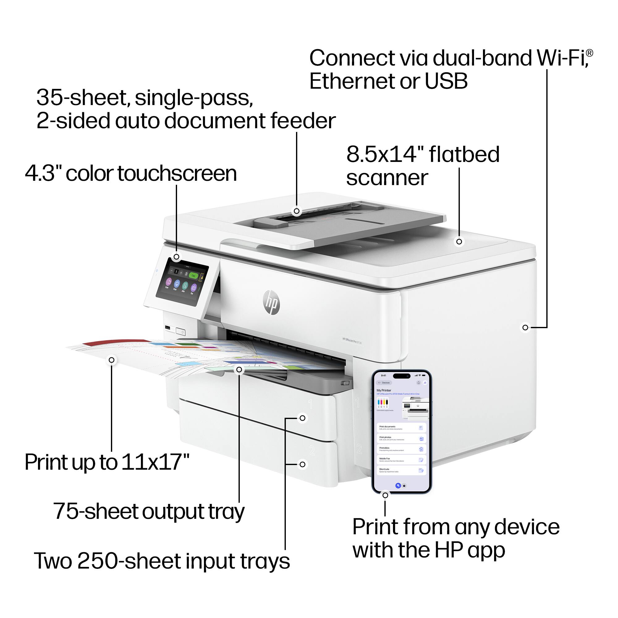 Connect via dual-band Wi-Fi®, Ethernet or USB  
35-sheet, single-pass, 2-sided auto document feeder  
4.3" color touchscreen  
8.5x14" flatbed scanner  
Print up to 11x17"  
75-sheet output tray  
Two 250-sheet input trays  
Print from any device with the HP app