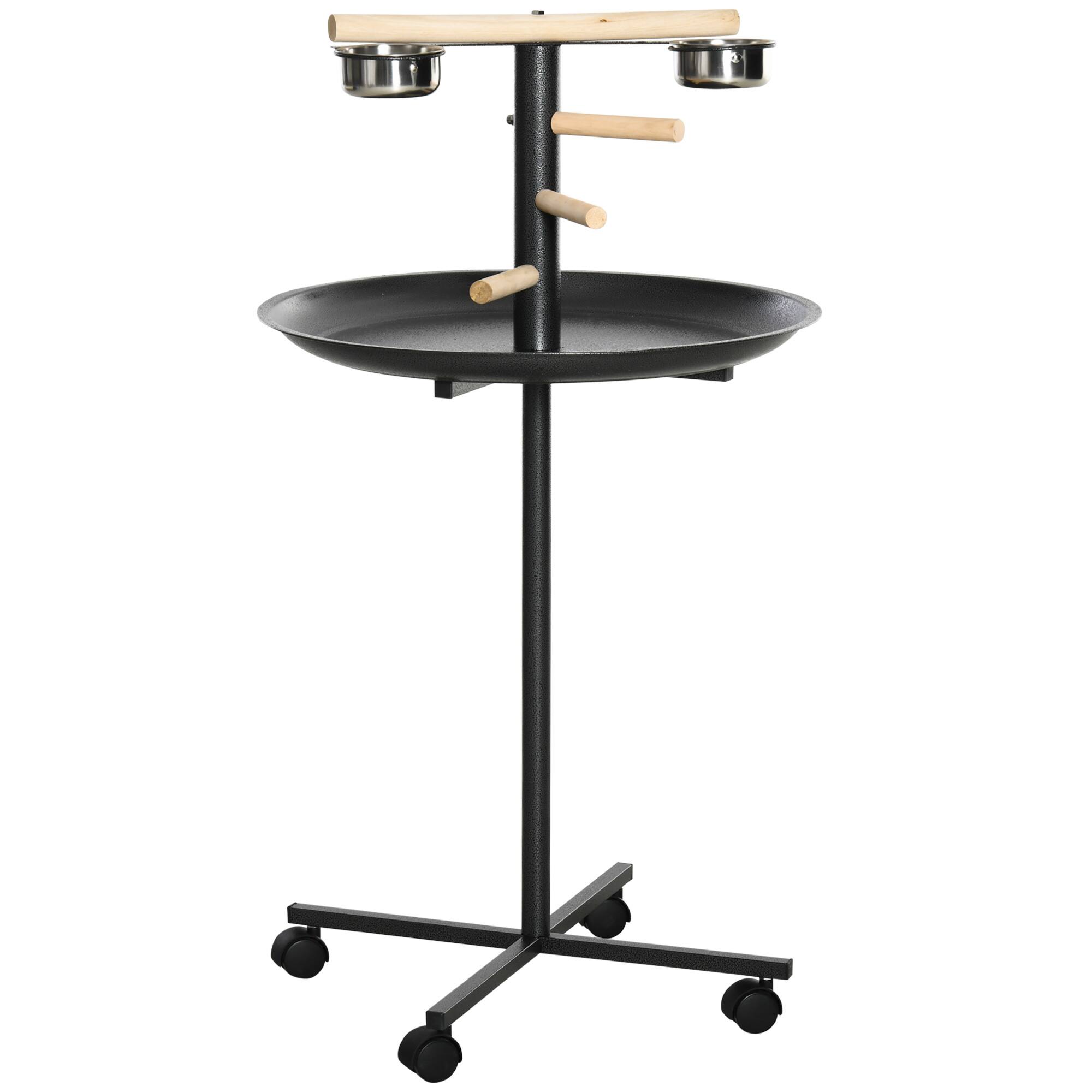 Alt View 5. Siljoy - Mobile Bird Play Stand with Wheels, 4 Wood Perches & Stainless Steel Bowls, Grey Feeder Station with Round Tray.