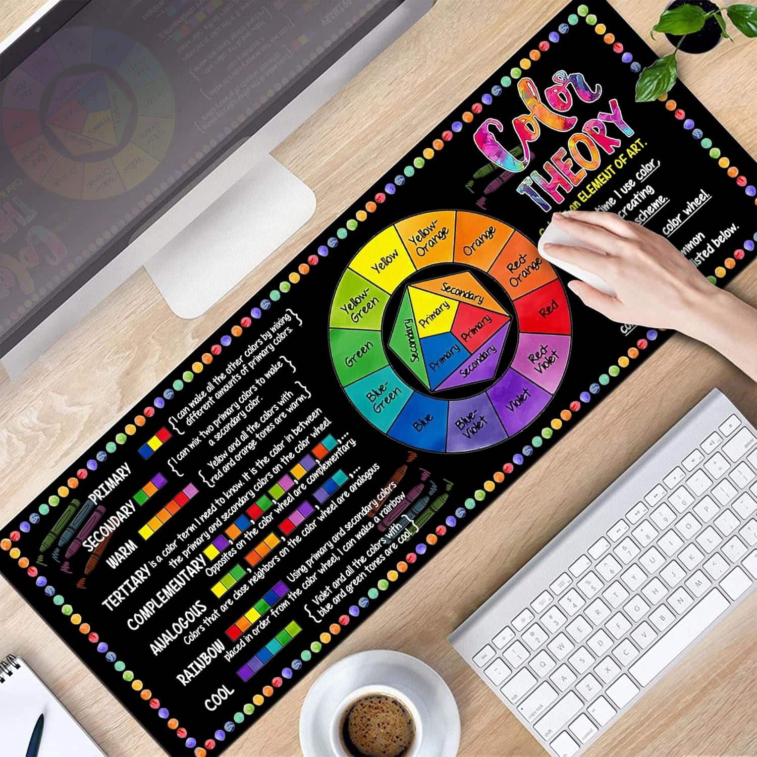 Color Theory

PRIMARY
- Red
- Blue
- Yellow

SECONDARY
- Orange (Red + Yellow)
- Green (Blue + Yellow)
- Purple (Blue + Red)

TERTIARY
- Red-Orange
- Yellow-Orange
- Yellow-Green
- Blue-Green
- Blue-Purple
- Red-Purple

COMPLEMENTARY
- Red and Green
- Blue and Orange
- Yellow and Purple

ANALOGOUS
- Colors next to each other on the color wheel

RAINBOW
- Colors in order: Red, Orange, Yellow, Green, Blue, Indigo, Violet

COOL
- Blue, Green, Purple

WARM
- Red, Orange, Yellow

Color Theory is an element of art. It is the use of color. A color scheme is a combination of colors used in a work of art. The color wheel is listed below.

- Primary colors are the colors that cannot be made by mixing other colors.
- Secondary colors are made by mixing two primary colors.
- Tertiary colors are made by mixing a primary and a secondary color.
- Complementary colors are opposite each other on the color wheel.
- Analogous colors are next to each other on the color wheel