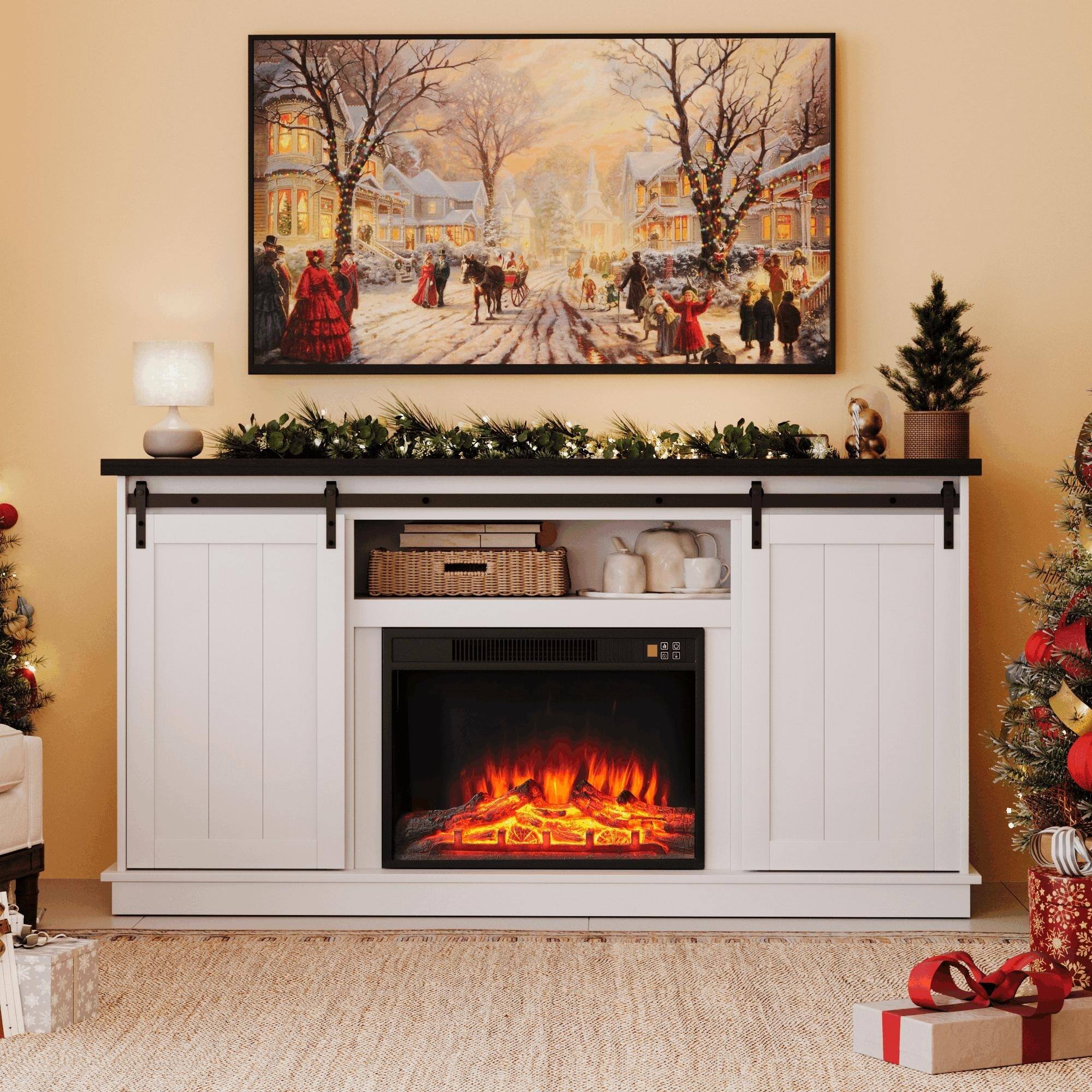 Back. U-HOMY - 63" Farmhouse Fireplace TV Stand with Sliding Barn Doors, Adjustable Shelves and Electric Heater for TVs up to 65" - White.