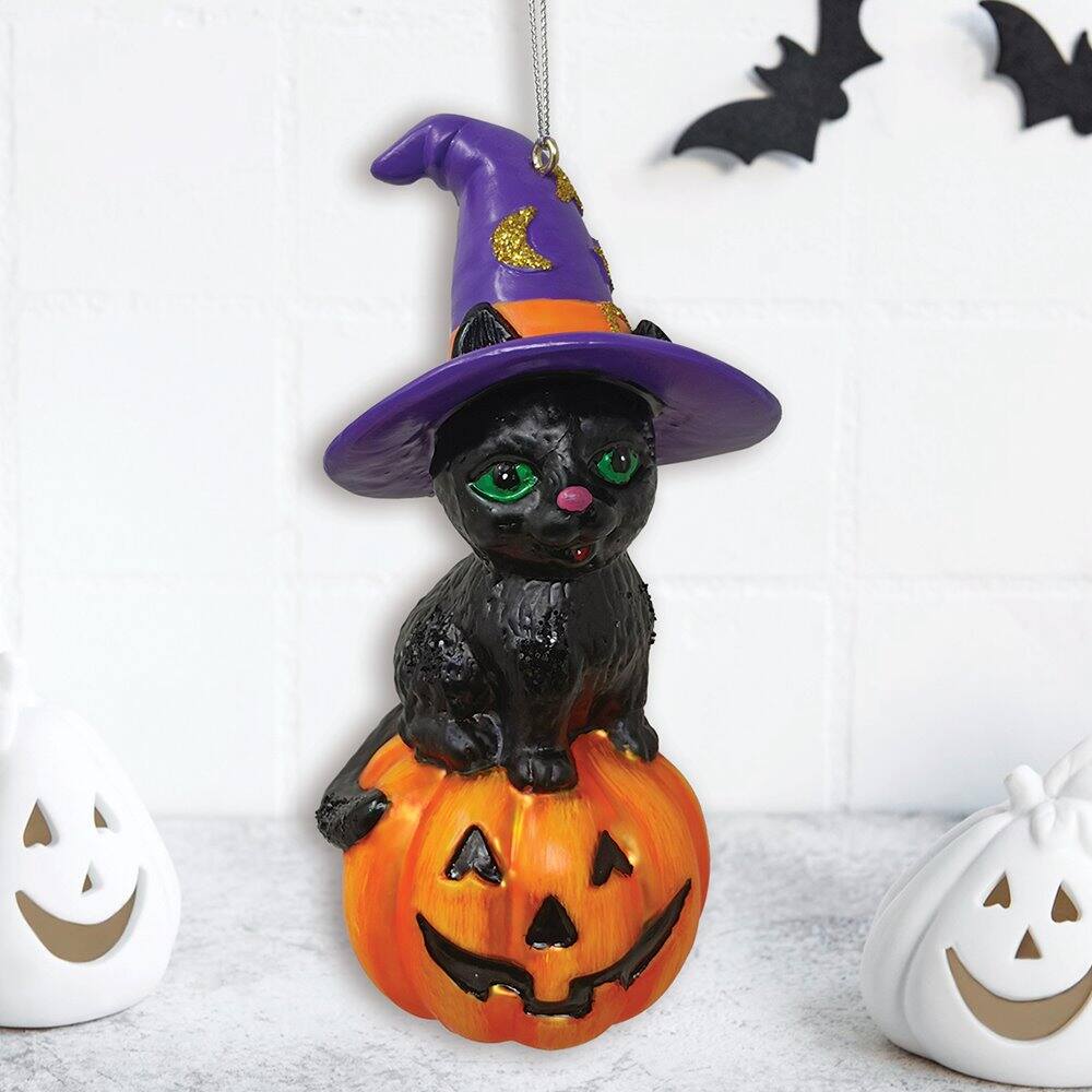 Left. OrnamentallyYou - Black Cat on Pumpkin Spooky Glass Christmas Ornament Witch Hat Halloween Theme - Multi-colored.