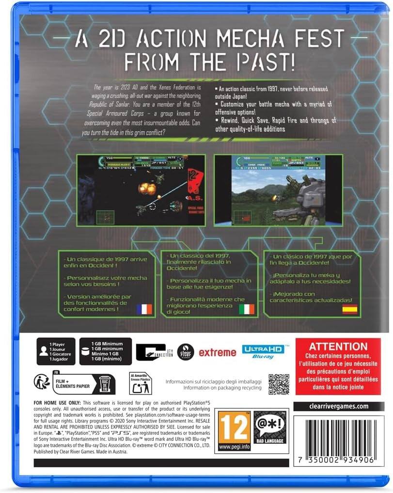 A 2D Action Mecha Fest from the Past!  
The year is 2123 AD and the Xenes Federation is waging a crushing all-out war against the neighboring Republic of Sanlar. You are a member of the 12th Special Armoured Corps – a group known for overcoming even the most insurmountable odds. Can you turn the tide in this grim conflict?  
An action classic from 1997, never before released outside Japan!  
Customize your battle mecha with a myriad of offensive options!  
Rewind, Quick Save, Rapid Fire and throngs of other quality-of-life additions.  

- Un classique de 1997 arrive enfin en Occident!  
- Personnalisez votre mecha selon vos besoins!  
- Version améliorée par des fonctionnalités de confort modernes!  

- Un classico del 1997, finalmente rilasciato in Occidente!  
- Personalizza il tuo mecha in base alle tue esigenze!  
- Funzionalità moderne che migliorano l'esperienza giocale!  

- Un clásico de 1997 que por fin llega a