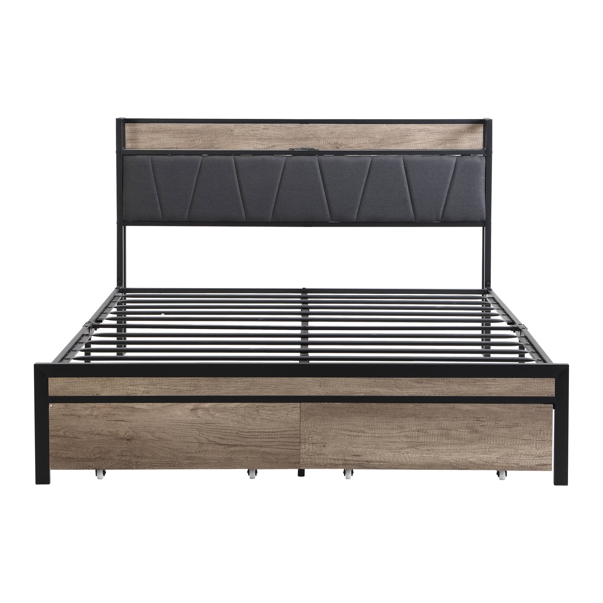 Left. GOODSILO - Full Size Metal Platform Bed Frame with Upholstered Headboard Footboard Drawers USB Ports Underbed Storage Easy Assembly - Black+Grey.