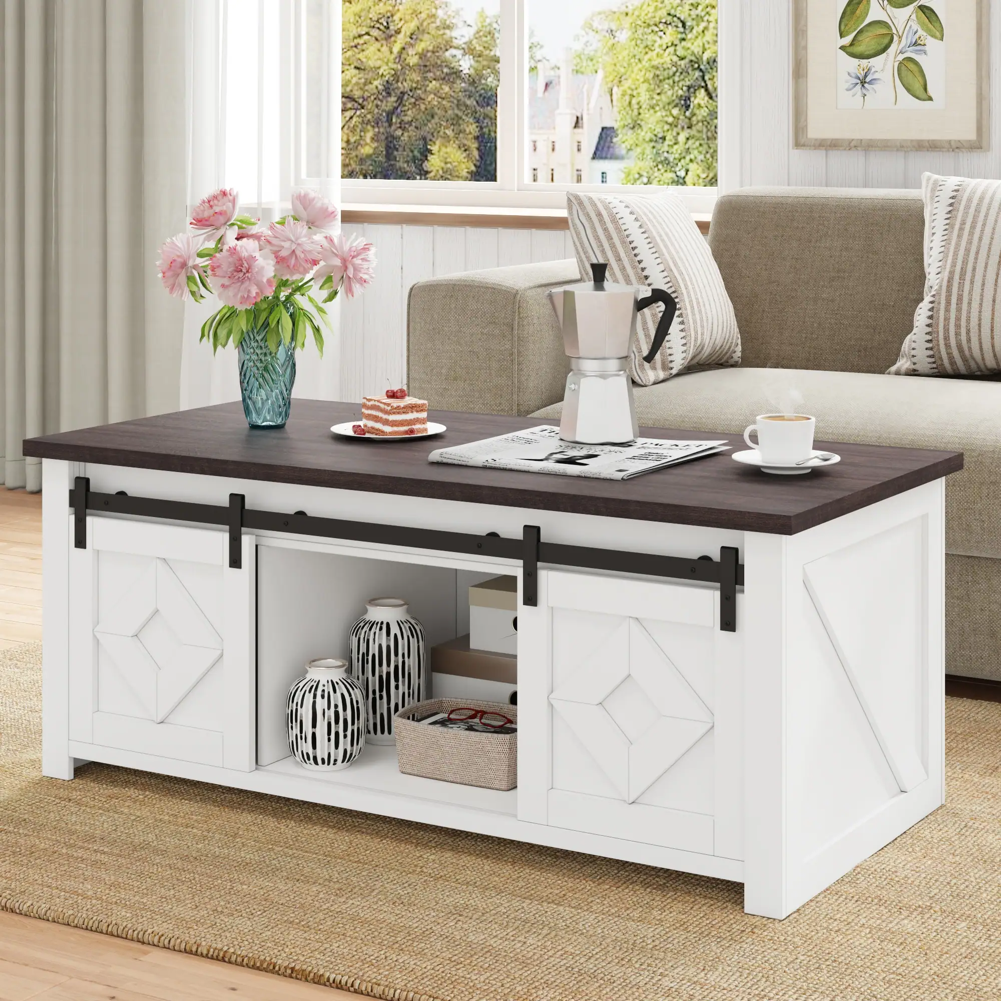 Alt View 7. U-HOMY - Lift Top Coffee Table with Storage and Sliding Barn Doors, Farmhouse Center Table for Living Room - White.
