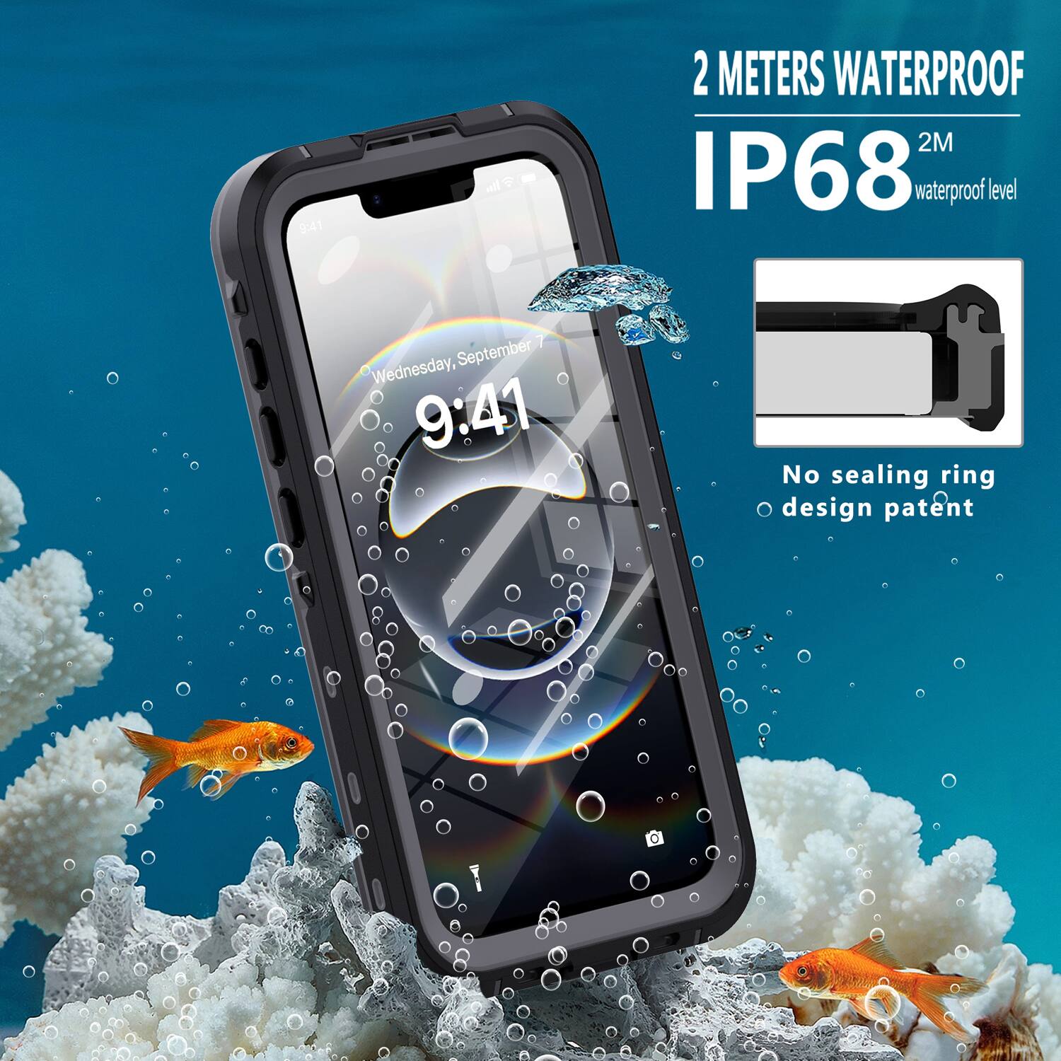 9:41 all 2 METERS WATERPROOF 2M IP68 waterproof level I September Wednesday, 9:41 No sealing ring design patent