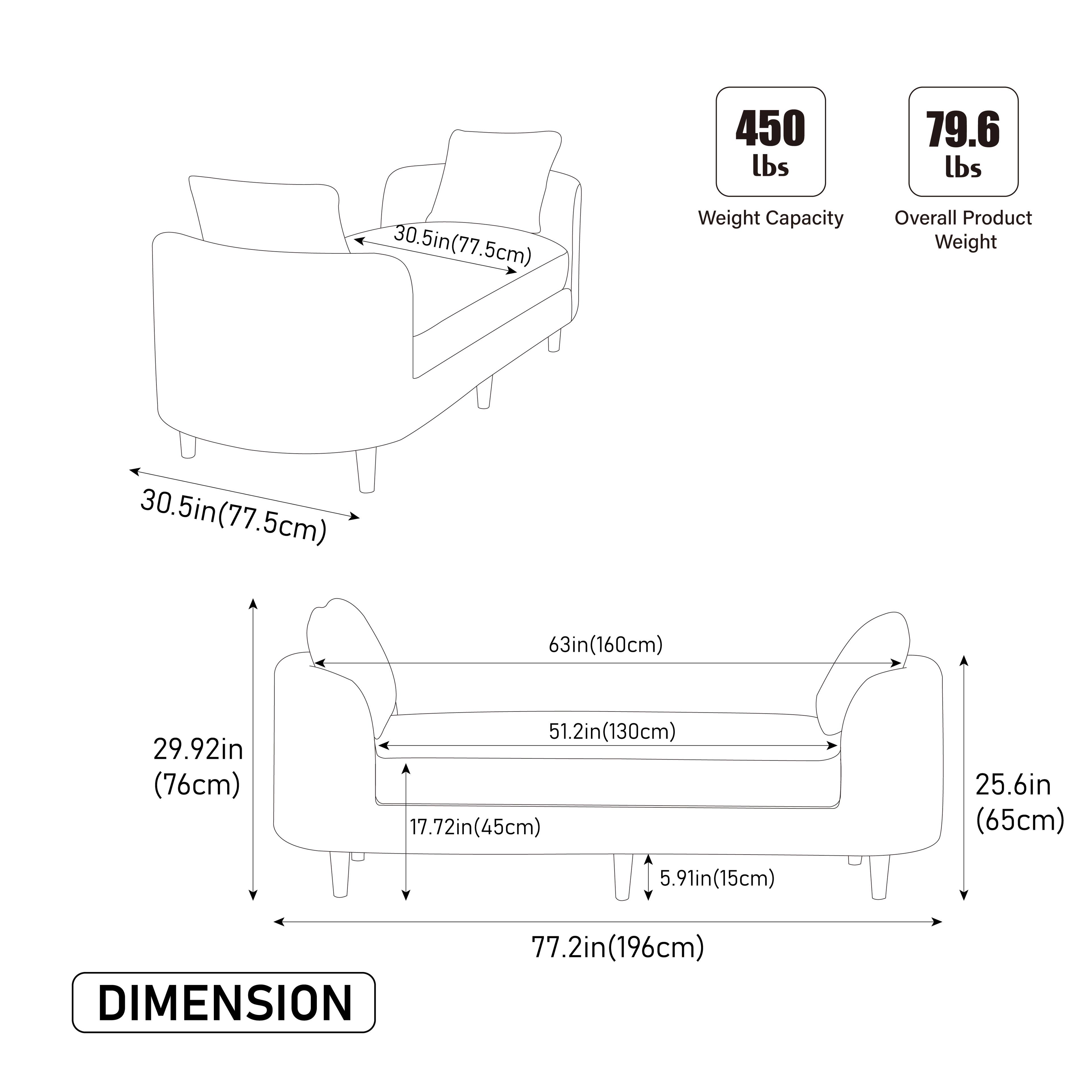 30.5in(77.5cm)  
450 lbs Weight Capacity  
79.6 lbs Overall Product Weight  
30.5in(77.5cm)  
63in(160cm)  
29.92in (76cm)  
51.2in(130cm)  
17.72in(45cm)  
25.6in (65cm)  
5.91in(15cm)  
DIMENSION  
77.2in(196cm)