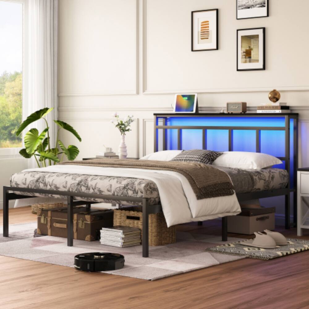Angle. LUCKY ONE - 14 Inch Queen Size Bed Frame with Storage Headboard, USB-C and Type-C Charging, RGB LED Lights, Metal Slats - Black.