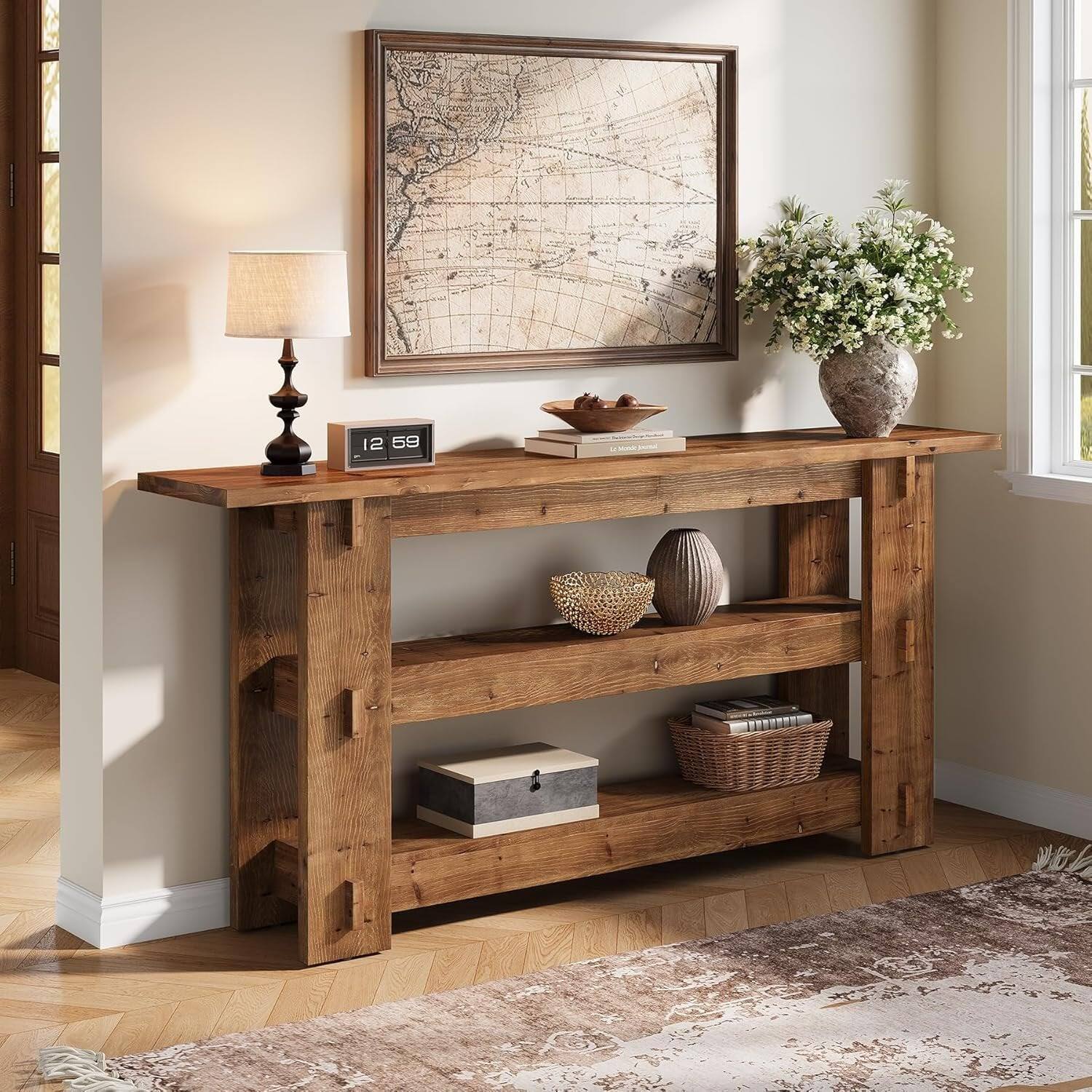 Alt View 1. Tribesigns - Farmhouse Solid Wood Console Table with Storage Shelves and Wood Grain Finish for Entryway and Hallway - Brown.
