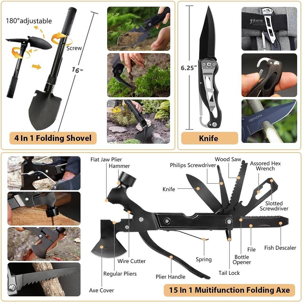 180° adjustable  
Screw 16"  
4 In 1 Folding Shovel  

6.25"  
Knife  

Flat Jaw Plier  
Hammer  
Wire Cutter  
Regular Pliers  
Axe Cover  

Wood Saw  
Phillips Screwdriver  
Assorted Hex Wrench  
Slotted Screwdriver  
File  
Fish Descaler  
Bottle Opener  
Tail Lock  

15 In 1 Multifunction Folding Axe