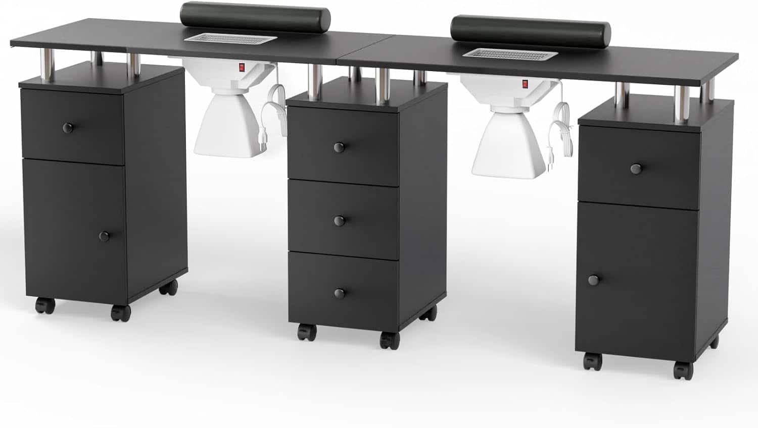 Winado - Double Manicure Table Nail Table Station with Dust Collector & Drawers & Storage Cabinet & Lockable Wheels for Beauty - Black