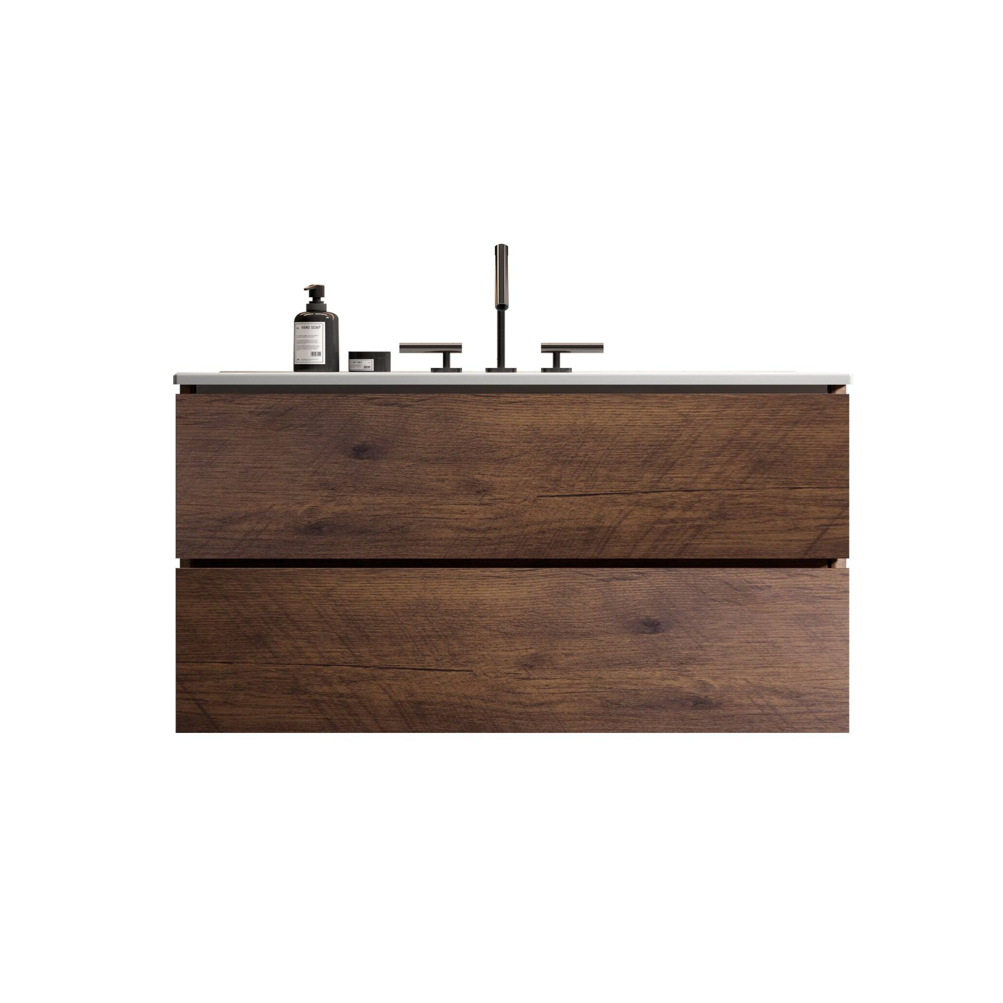 Alt View 1. Boyel Living - 36 Inch Wall Mount Walnut Bathroom Vanity with Ceramic Sink, Large Storage, Floating Design, Pre-Assembled - White+Walnut.