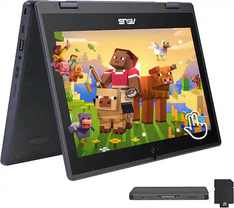 Front. ASUS - ASUS 11.6" 2-in-1 Touch Laptop,Intel Celeron N100,4GB RAM,128GB SSD+160GB Dock Set,Intel UHD Graphics,Win 11 Pro,Gray - Gray.