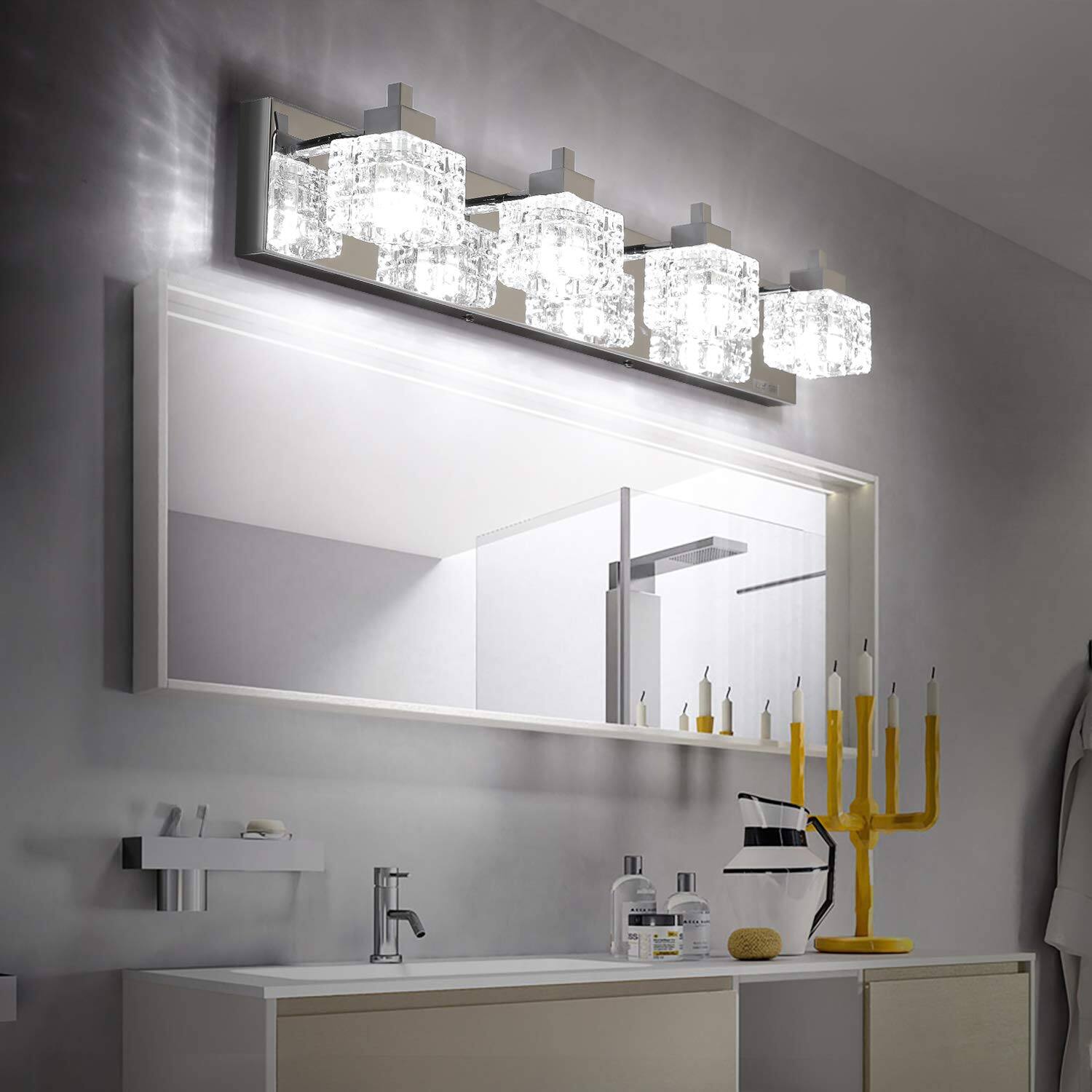 Left. Earthley Blooms - Bathroom Vanity Light Fixtures Crystal Fixture Modern Lights Over Mirror 4 For Bath Room Material: Stainless - Silver-4-Lights.