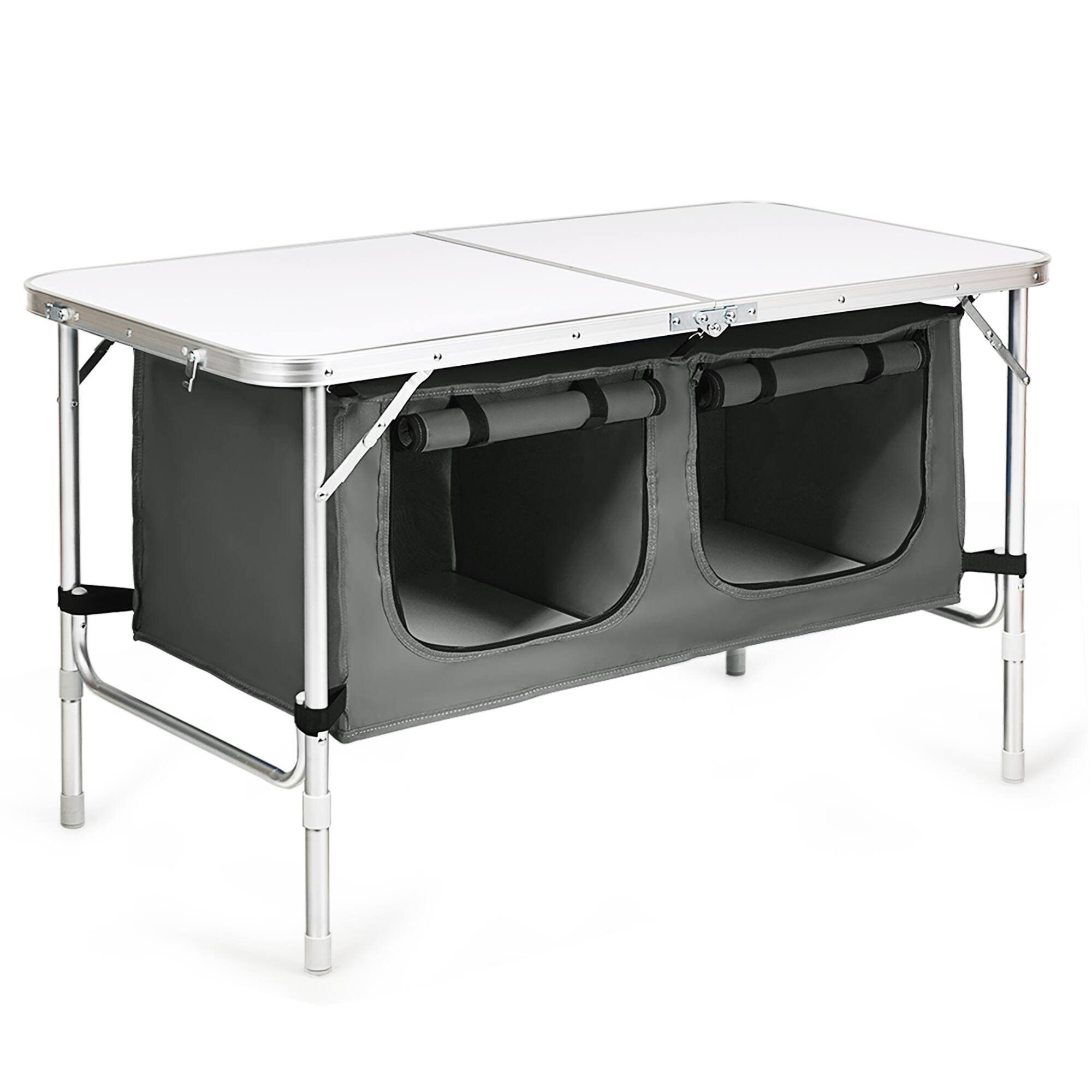 Costway - Adjustable Camping Table Aluminum w/ Storage Organizer Grey - White + Grey