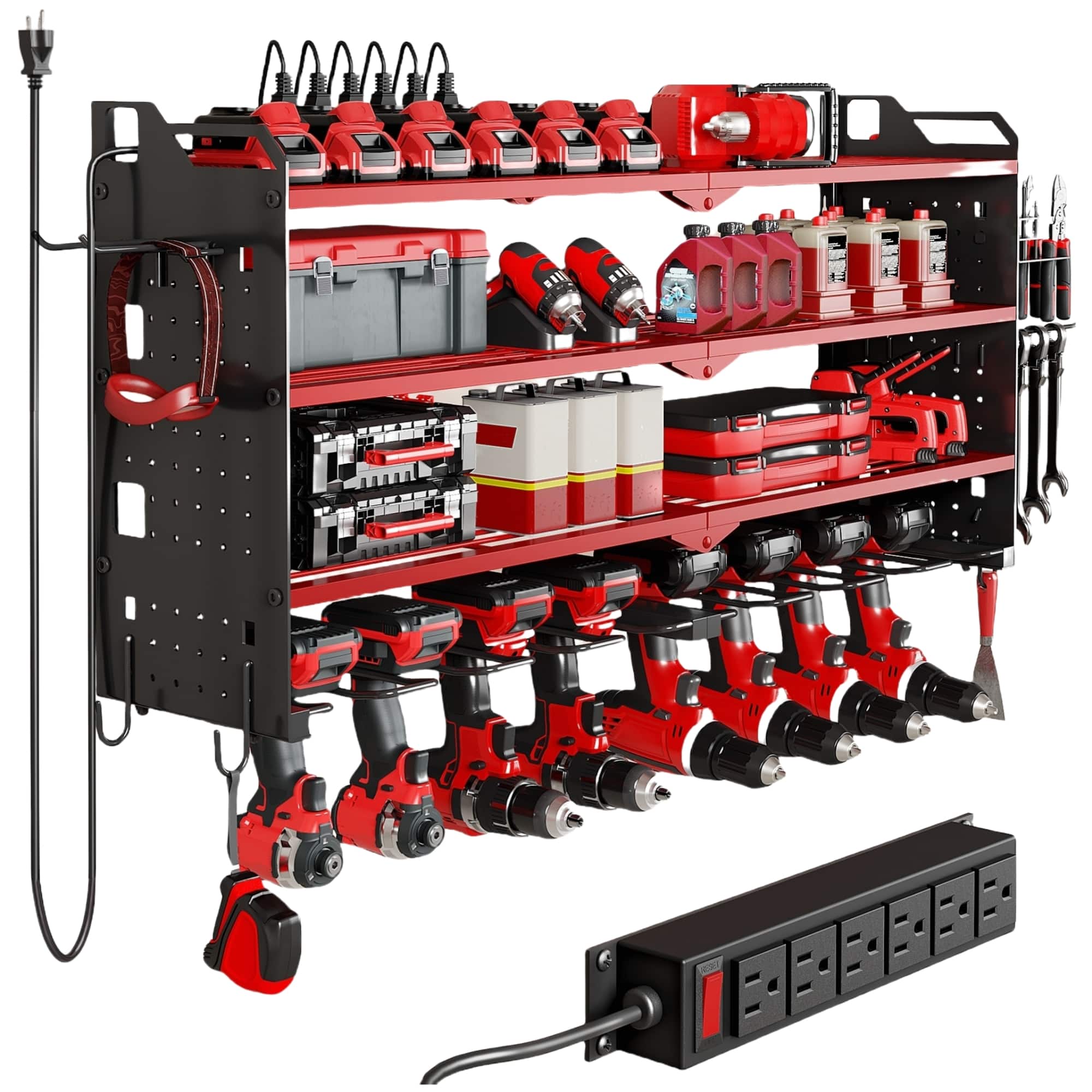 HAUSOURCE - 17.13 in. Metal Standard Modular 4 Layers Wall Rack Shelves Tool Storage Garage Cabinets with 8 Drill Holders ,Red - Red