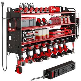 HAUSOURCE - 17.13 in. Metal Standard Modular 4 Layers Wall Rack Shelves Tool Storage Garage Cabinets with 8 Drill Holders ,Red - Red