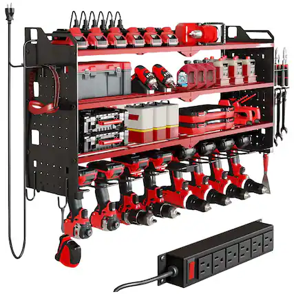 Front. HAUSOURCE - 17.13 in. Metal Standard Modular 4 Layers Wall Rack Shelves Tool Storage Garage Cabinets with 8 Drill Holders ,Red - Red.