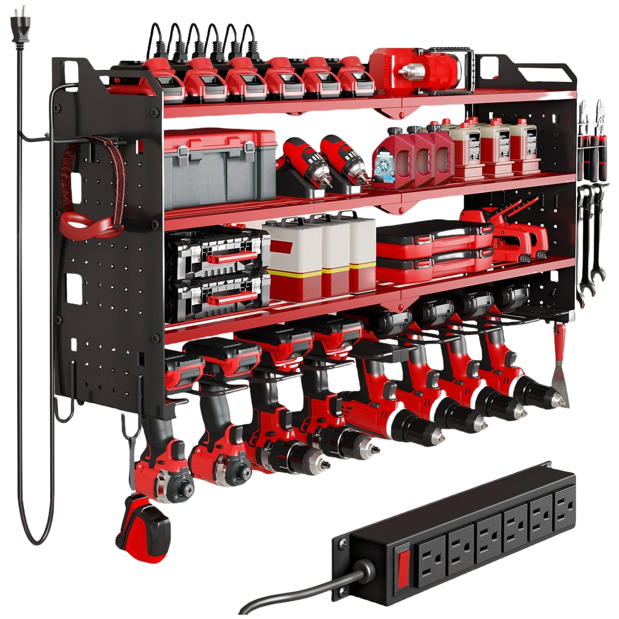 Front. HAUSOURCE - 17.13 in. Metal Standard Modular 4 Layers Wall Rack Shelves Tool Storage Garage Cabinets with 8 Drill Holders ,Red - Red.