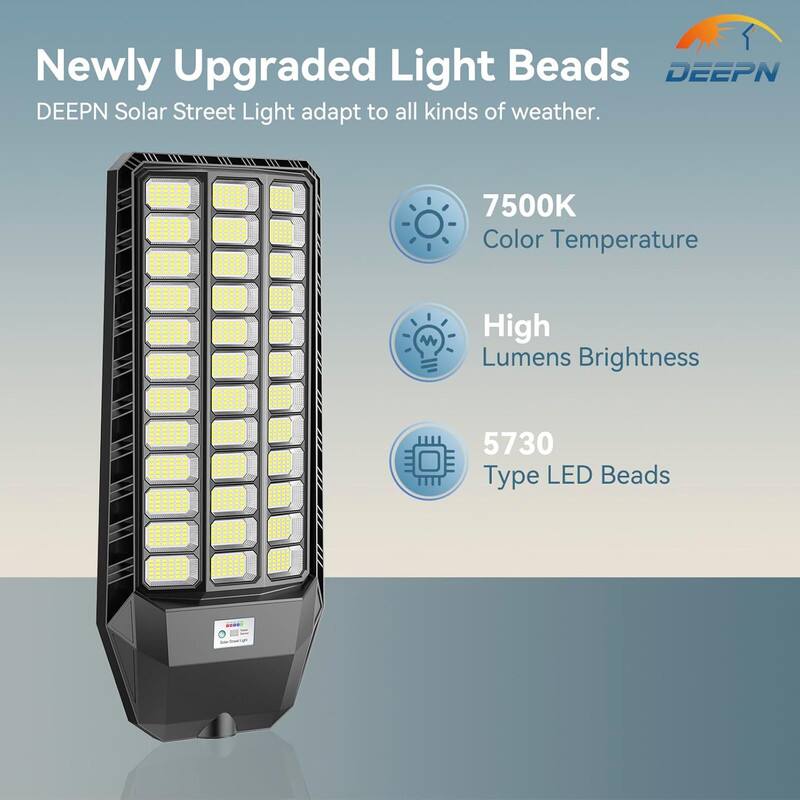 Newly Upgraded Light Beads  
DEEPN Solar Street Light adapt to all kinds of weather.  
7500K Color Temperature  
High Lumens Brightness  
5730 Type LED Beads