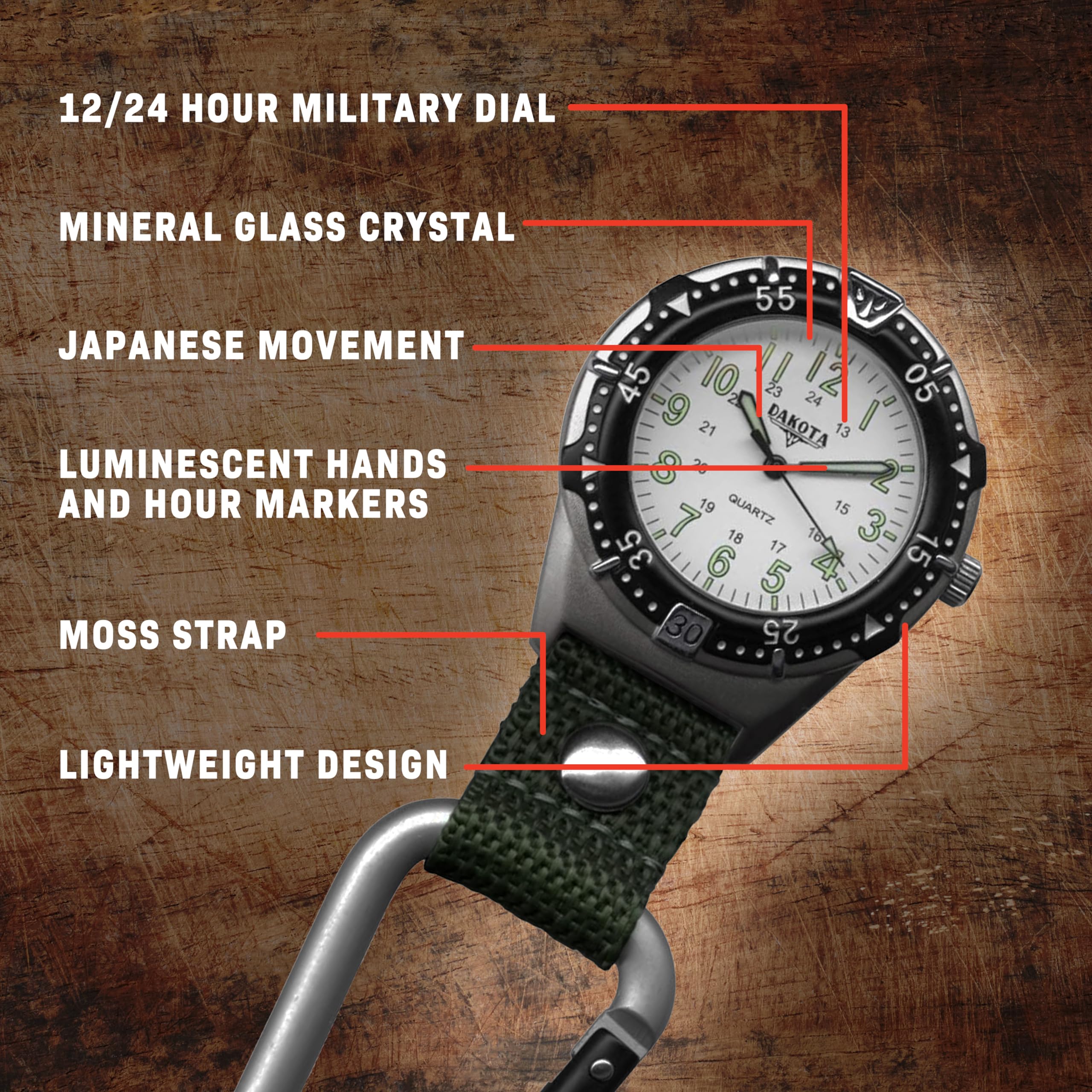 12/24 HOUR MILITARY DIAL  
MINERAL GLASS CRYSTAL  
JAPANESE MOVEMENT  
LUMINESCENT HANDS AND HOUR MARKERS  
MOSS STRAP  
LIGHTWEIGHT DESIGN