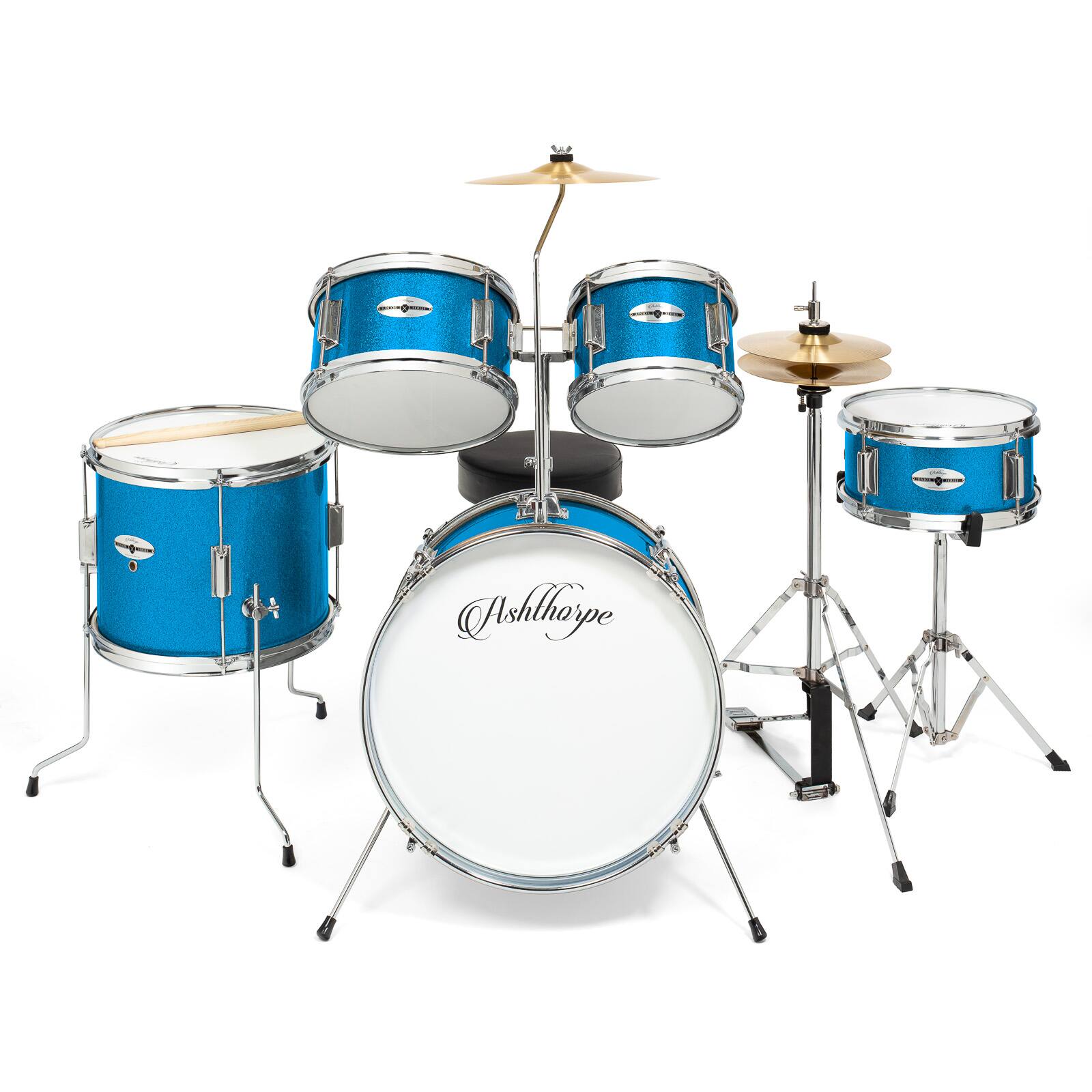 Alt View 1. Ashthorpe - Beginner Drum Kit with Brass Cymbals (Set of 5) - Blue.