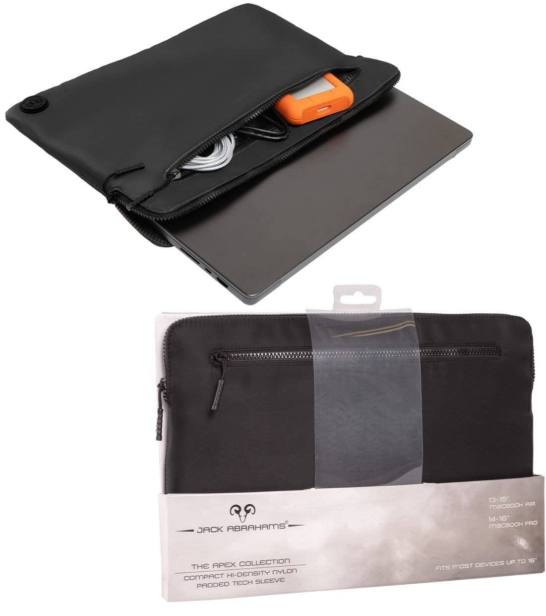 JACK ABRAHAMS

THE APEX COLLECTION  
COMPACT HI-DENSITY NYLON  
PADDED TECH SLEEVE

13-15" macbook air  
14-16" macbook pro

FITS MOST DEVICES UP TO 16"