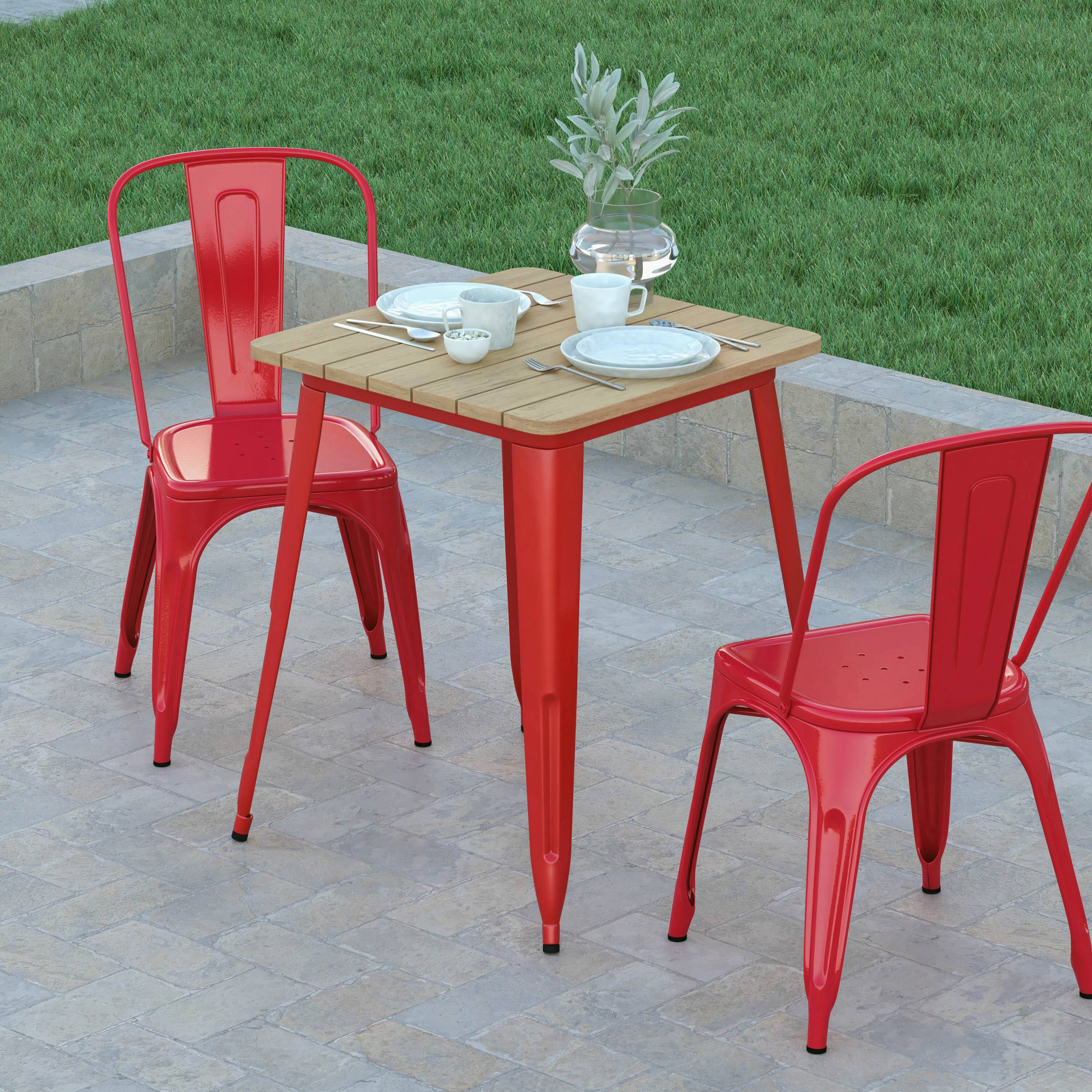 Alt View 3. Emma + Oliver - Drew Indoor/Outdoor Dining Table, 23.75" Square All Weather Poly Resin Top with Steel Base - Brown Top/Red Frame.