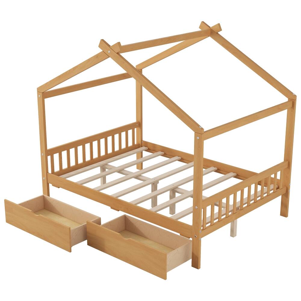 Alt View 8. Loheer - Loheer Full Size House Bed with Drawers, Natural Pine Wood Platform Frame - Natural.