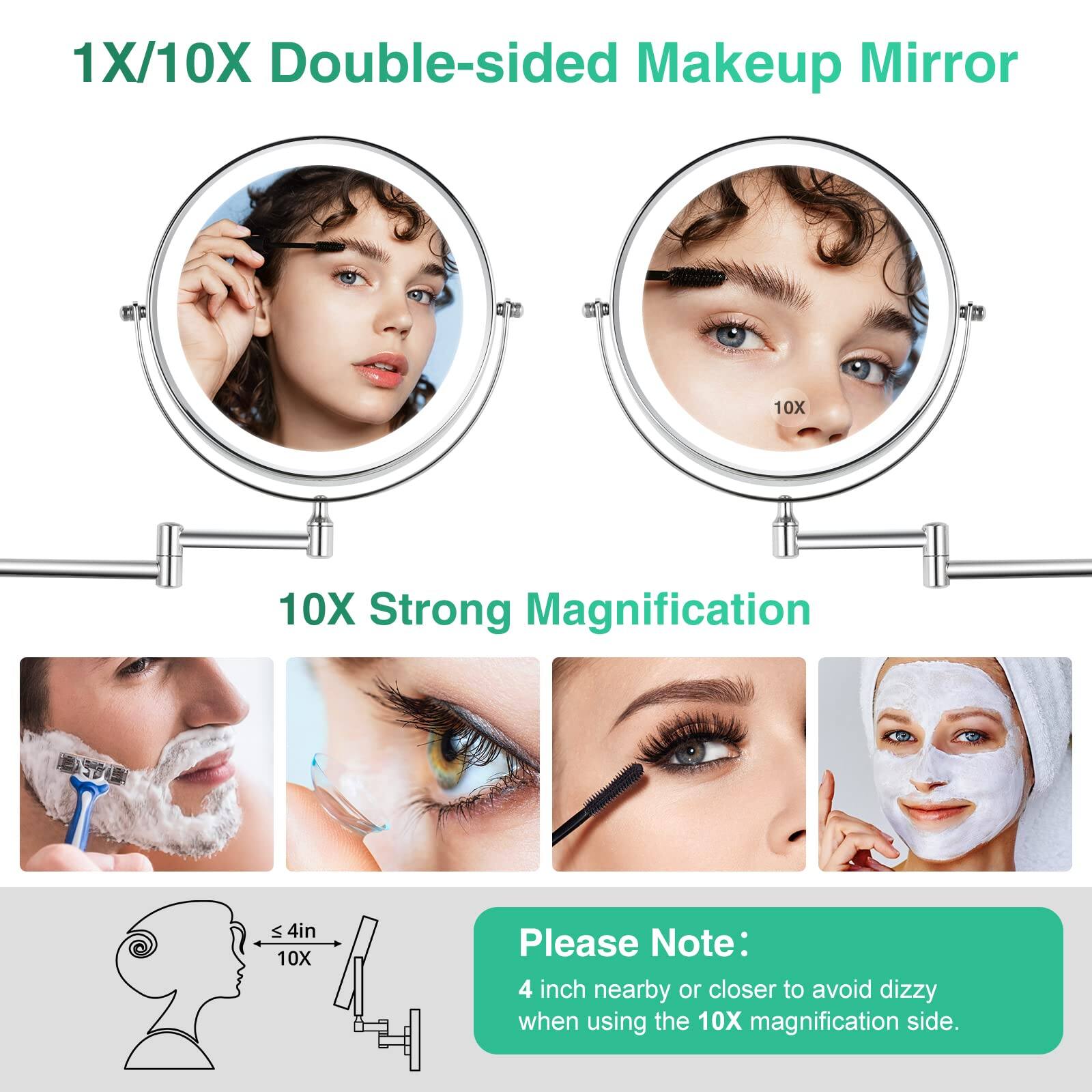 1X/10X Double-sided Makeup Mirror

10X Strong Magnification

Please Note:
4 inch nearby or closer to avoid dizzy when using the 10X magnification side.