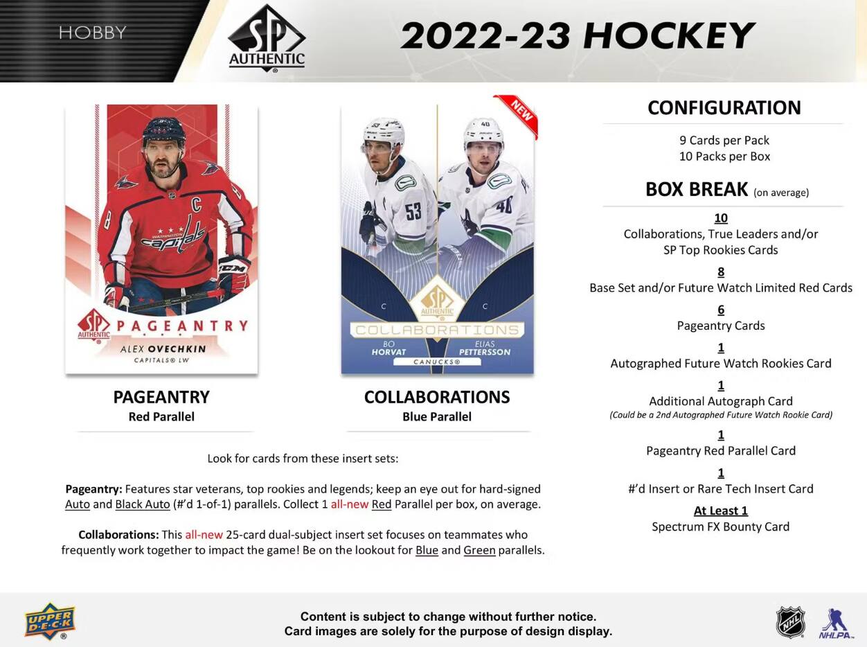 HOBBY  
AUTHENTIC  
2022-23 HOCKEY  
NEW  
CONFIGURATION  
9 Cards per Pack  
10 Packs per Box  

PAGEANTRY  
Red Parallel  
Look for cards from these insert sets:  
Pageantry: Features star veterans, top rookies and legends; keep an eye out for hard-signed Auto and Black Auto (#'d 1-of-1) parallels. Collect 1 all-new Red Parallel per box, on average.  

COLLABORATIONS  
Blue Parallel  
This all-new 25-card dual-subject insert set focuses on teammates who frequently work together to impact the game! Be on the lookout for Blue and Green parallels.  

BOX BREAK (on average)  
10 Collaborations, True Leaders and/or SP Top Rookies Cards  
8 Base Set and/or Future Watch Limited Red Cards  
6 Pageantry Cards  
1 Autographed Future Watch Rookies Card  
1 Additional Autograph Card (Could be a 2nd Autographed Future Watch Rookie Card)  
1 Pageantry Red Parallel  
1 #’d Insert or Rare Tech Insert Card  
At Least 1 Spectrum FX Bounty Card  

Content is subject to change without further notice.  
Card images are solely for the purpose of design display.