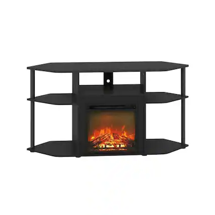 Front. FurniFact - Brown open storage corner fireplace TV stand, 55-inch TVs, wood, veneer finish - Brown.