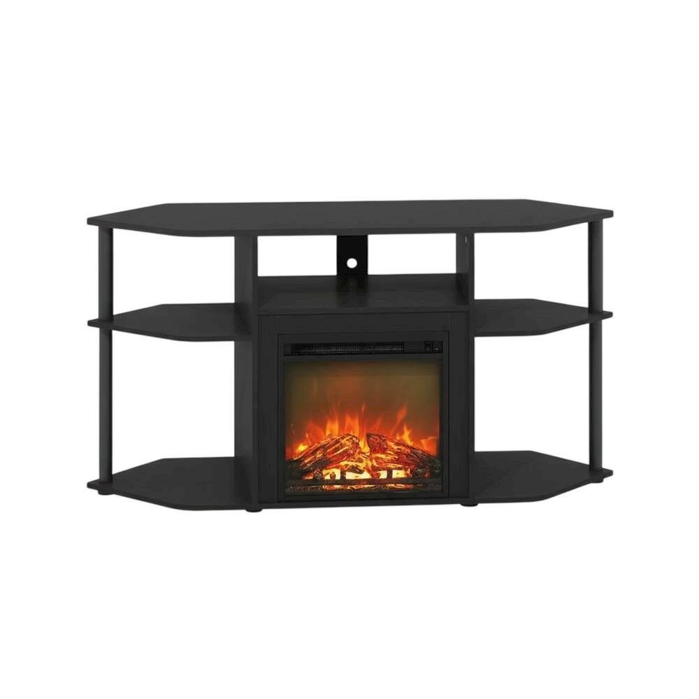 Front. FurniFact - Brown open storage corner fireplace TV stand, 55-inch TVs, wood, veneer finish - Brown.