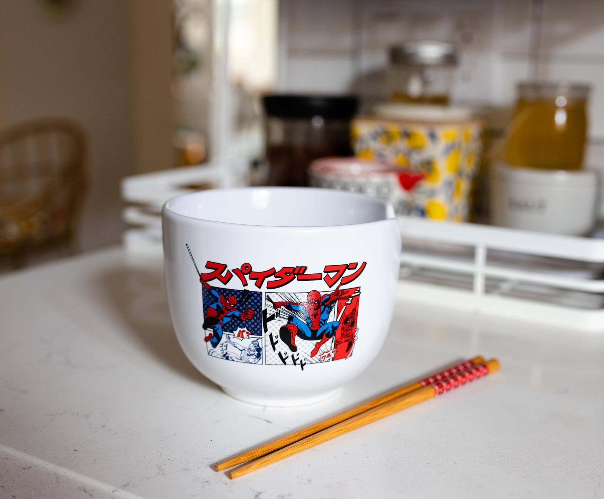 Alt View 4. Marvel - Marvel Spider-Man Japanese Dinnerware Set | 20-Ounce Ramen Bowl, Chopsticks - Red.