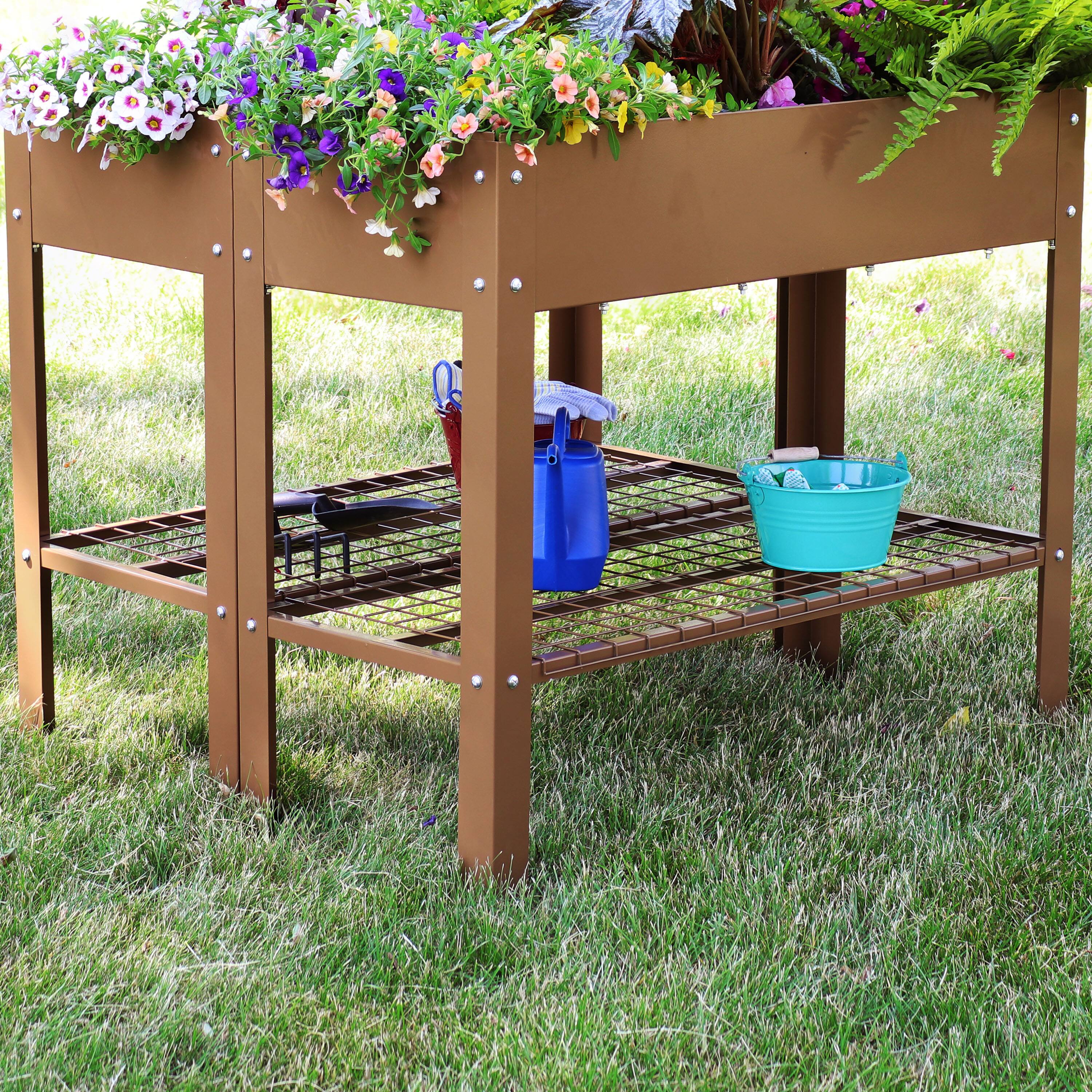 Alt View 4. Sunnydaze - Galvanized Steel Raised Bed with Mesh Shelf - Set of 2 - Brown.