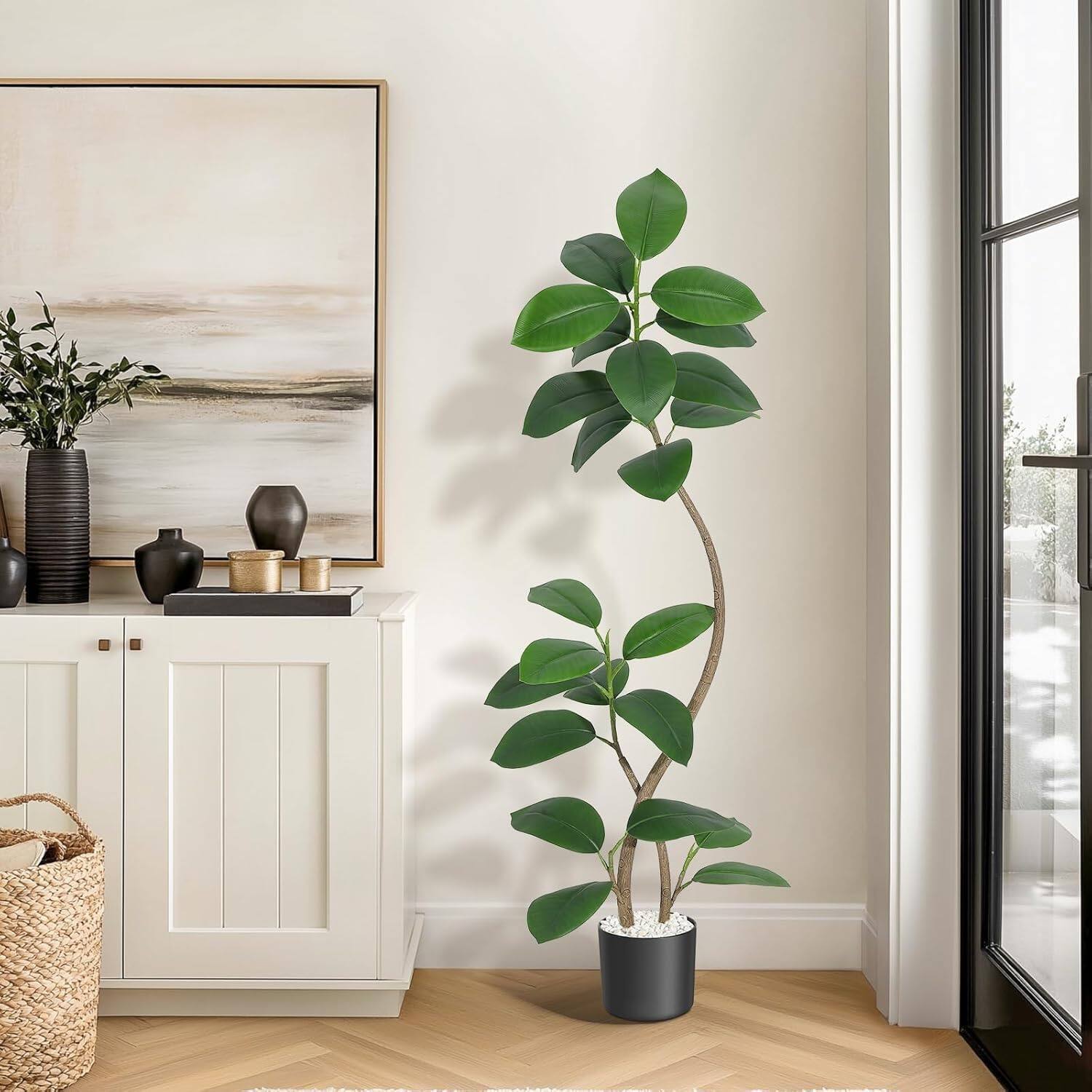 Alt View 4. Homhougo - 6 ft Fiddle Leaf Fig Tree, Fig Tree Faux Plants Indoor, Artificial Plants Indoor Potted with White Sphere Resin Planter - Black Planter White Pebbles.