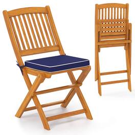 Costway - Outdoor Folding Chairs Set of 2 Acacia Wood High-Back Chair with Seat Cushions - Navy